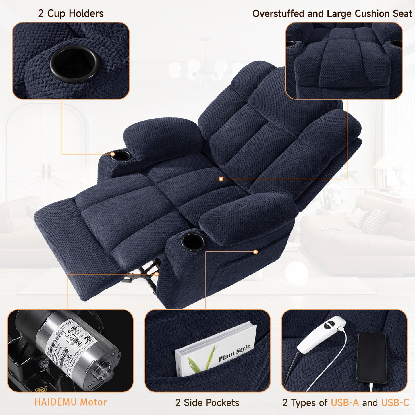 Cfvyne Power Lift Recliner Chair Sofa for Elderly with Massage and Heated, 3-Position, 2 Cup Holder, USB-A & USB-C, Soft Plush Fabric, Side Pocket Navy Blue