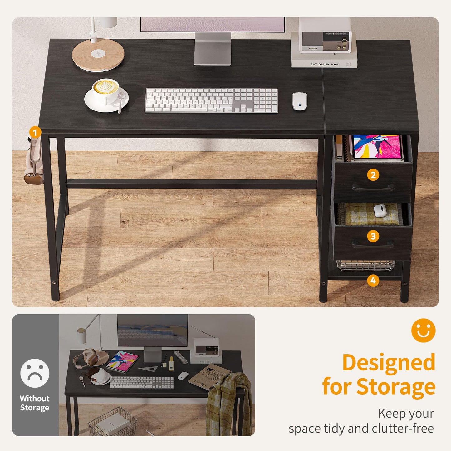 Cubiker Computer Home Office Desk with Drawers, 40 Inch Small Desk Study Writing Table, Modern Simple PC Desk, Modern Black