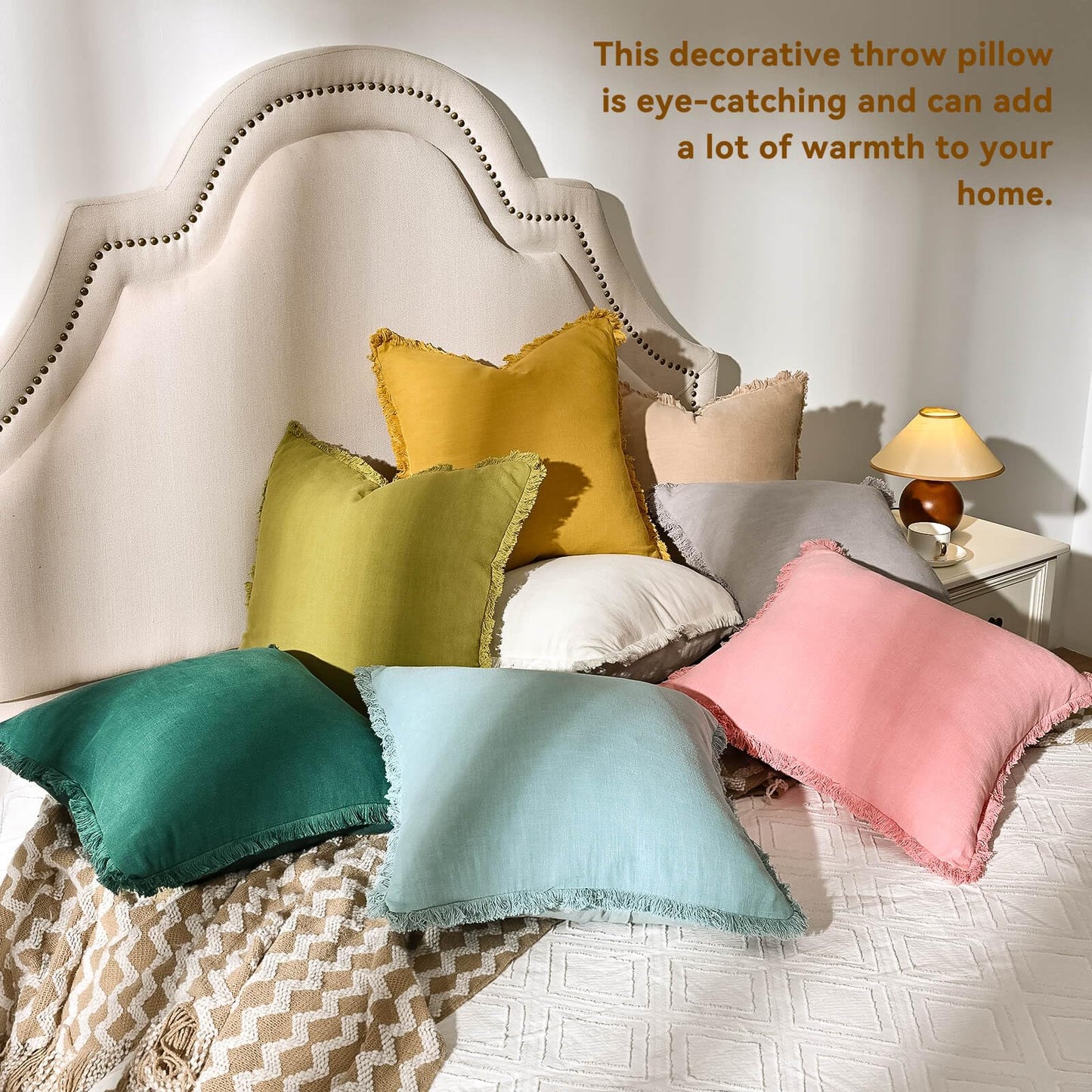 AmHoo Pack of 2 Linen Pillow Covers with Tassels Fringed Decorative Rustic Natural Throw Pillowcase Cushion for Couch Sofa Bedroom 18 x 18-Inch Cloud Blue