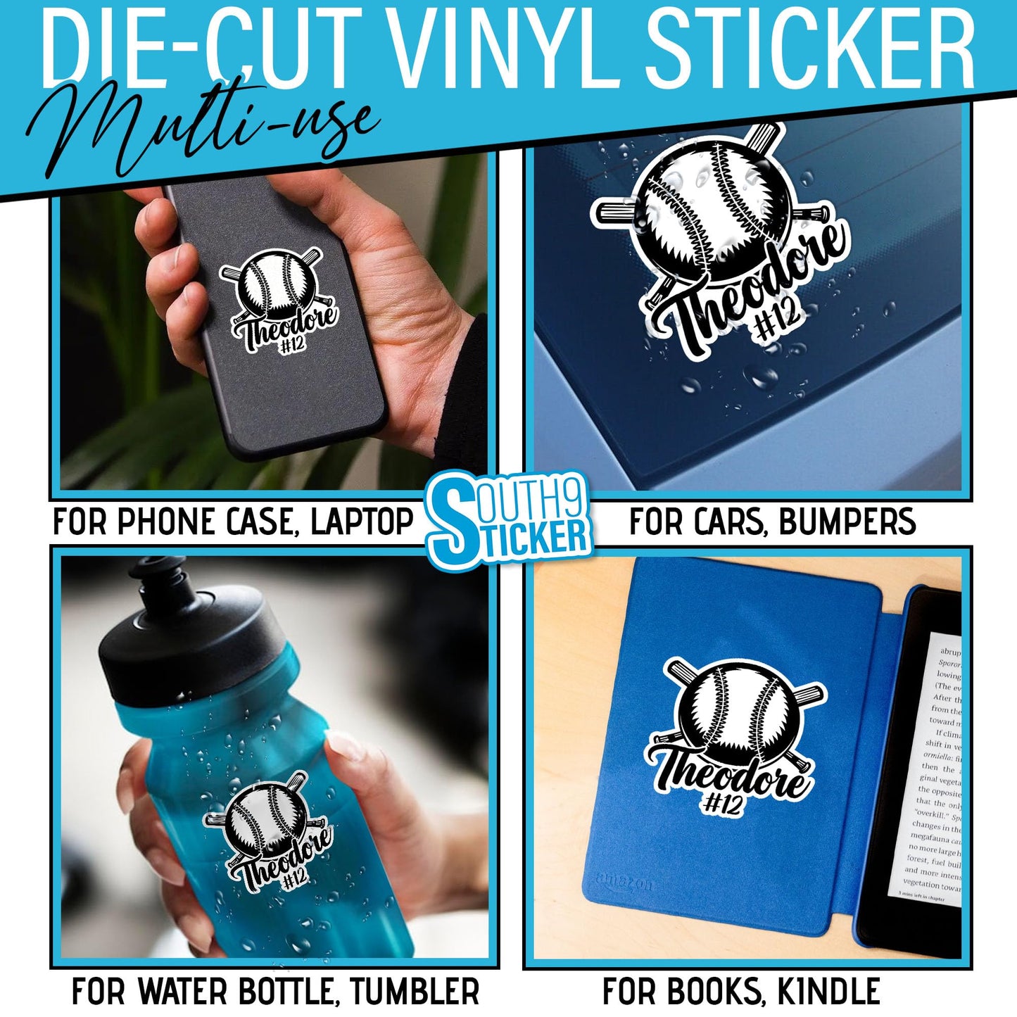 Personalized Baseball Sticker Custom Name Number Baseball Softball Logo Emblem Sticker Waterproof Die-Cut Vinyl Sticker for Water Bottle Laptop Hard Hat Kindle Sticker Decal Decor Gifts for Him Kids
