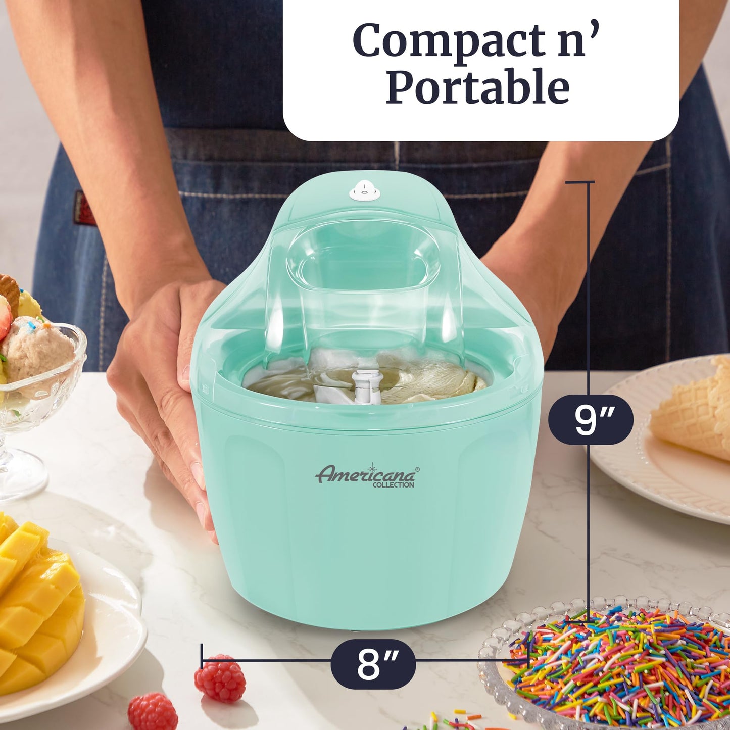 Americana EIM-1400M 1.5 Qt Freezer Bowl Automatic Easy Homemade Electric Ice Cream Maker, Ingredient Chute, On/Off Switch, No Salt Needed, Creamy Ice Cream, Gelato, Frozen Yogurt, Sorbet, Recipe Book