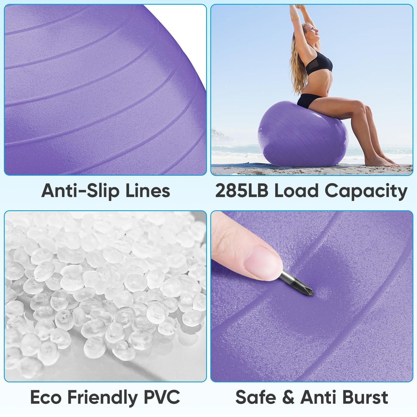 APEXUP Yoga Ball Exercise Ball, Anti Slip Stability Ball Chair, Heavy Duty Large Gym Ball for Fitness, Balance, Core Workout and Physical Therapy (S (15"~18") 45cm, Purple)