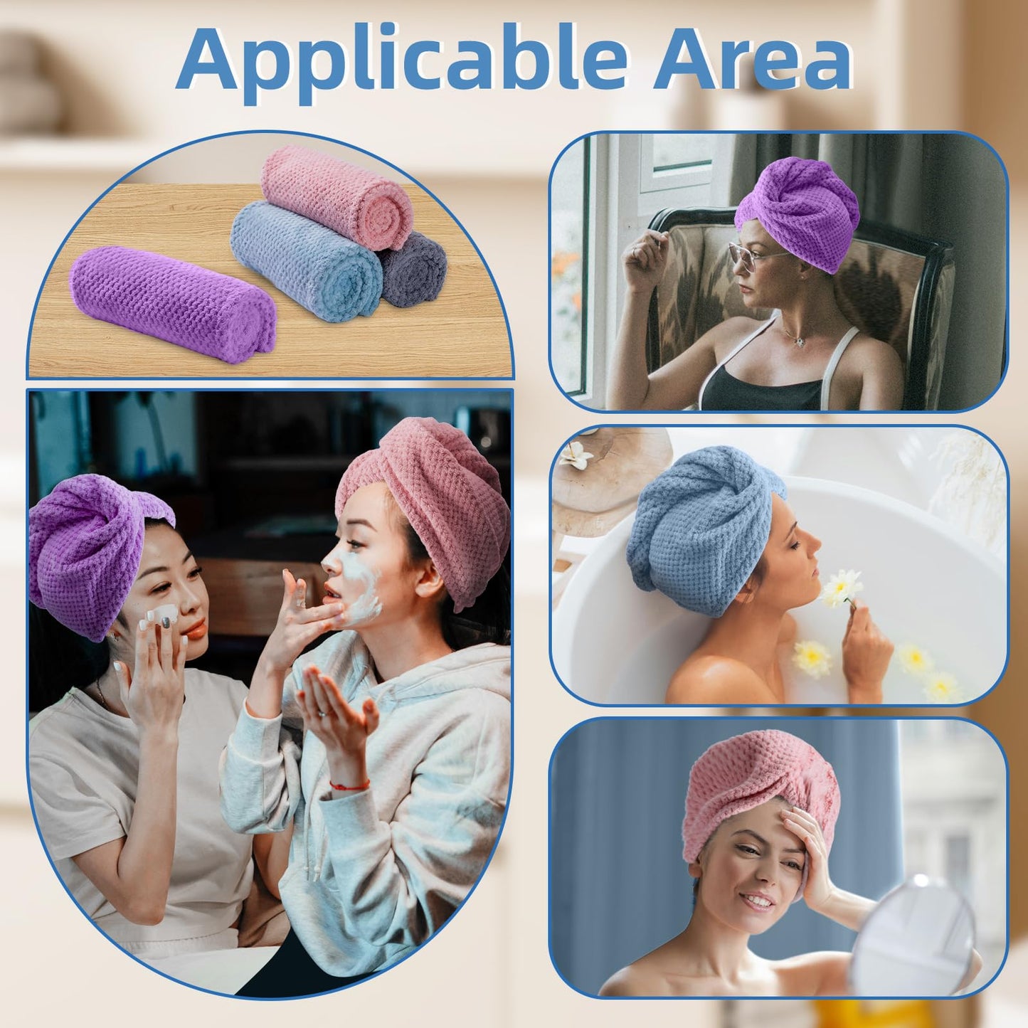 Amrules Hair Towel Wrap, 4 Packs 9.8 x 25.6 Inch Towel Turbans for Wet Hair, Dry Hair Towel, Headbands for Curly and Long Hair - Bathroom Must-Have for Ladies