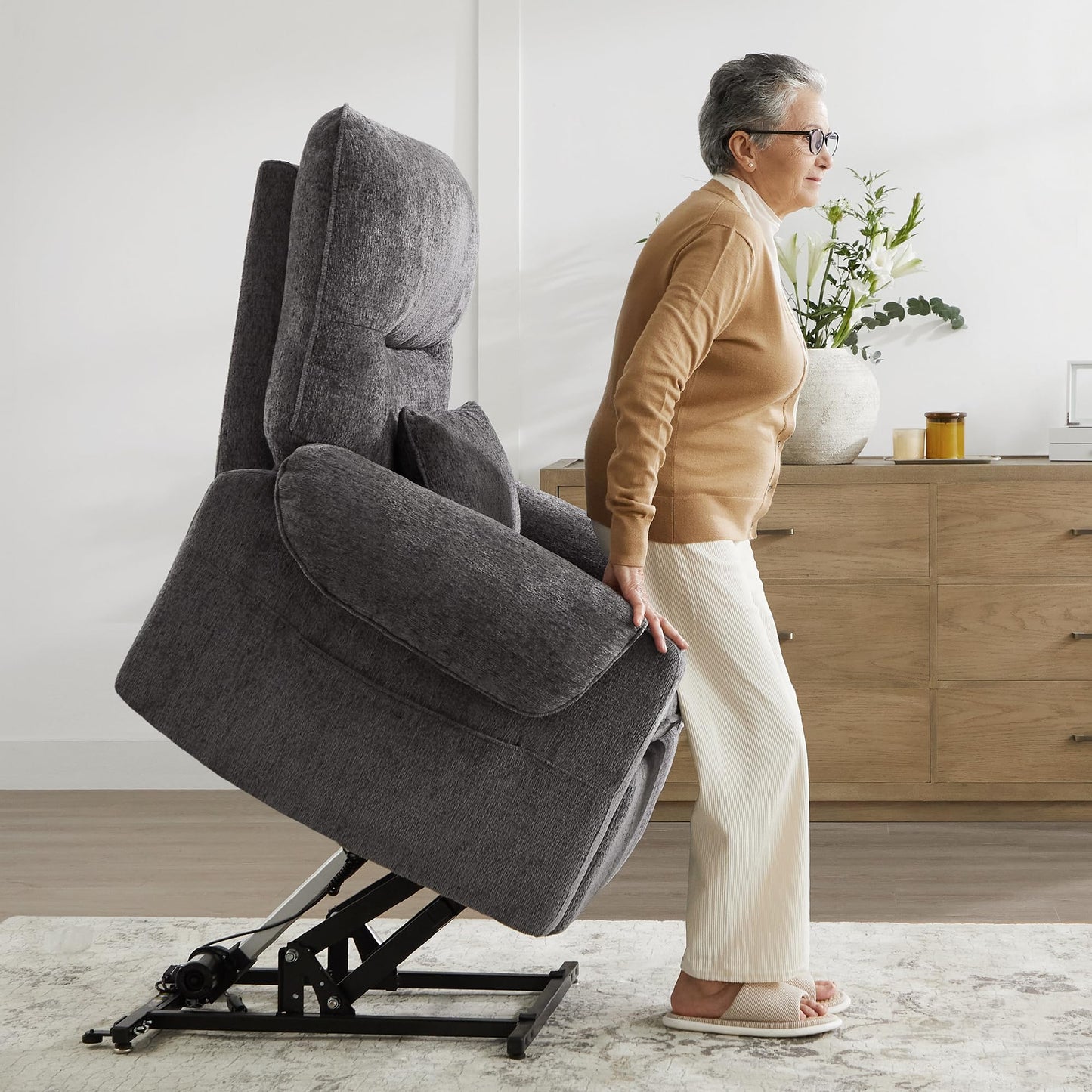 Watson & Whitely Lift Chair Recliner for Elderly with Heat & Massage, Lay Flat Electric Power Recliners with Dual Motor Infinite Position Side Pockets, Fabric, Grey
