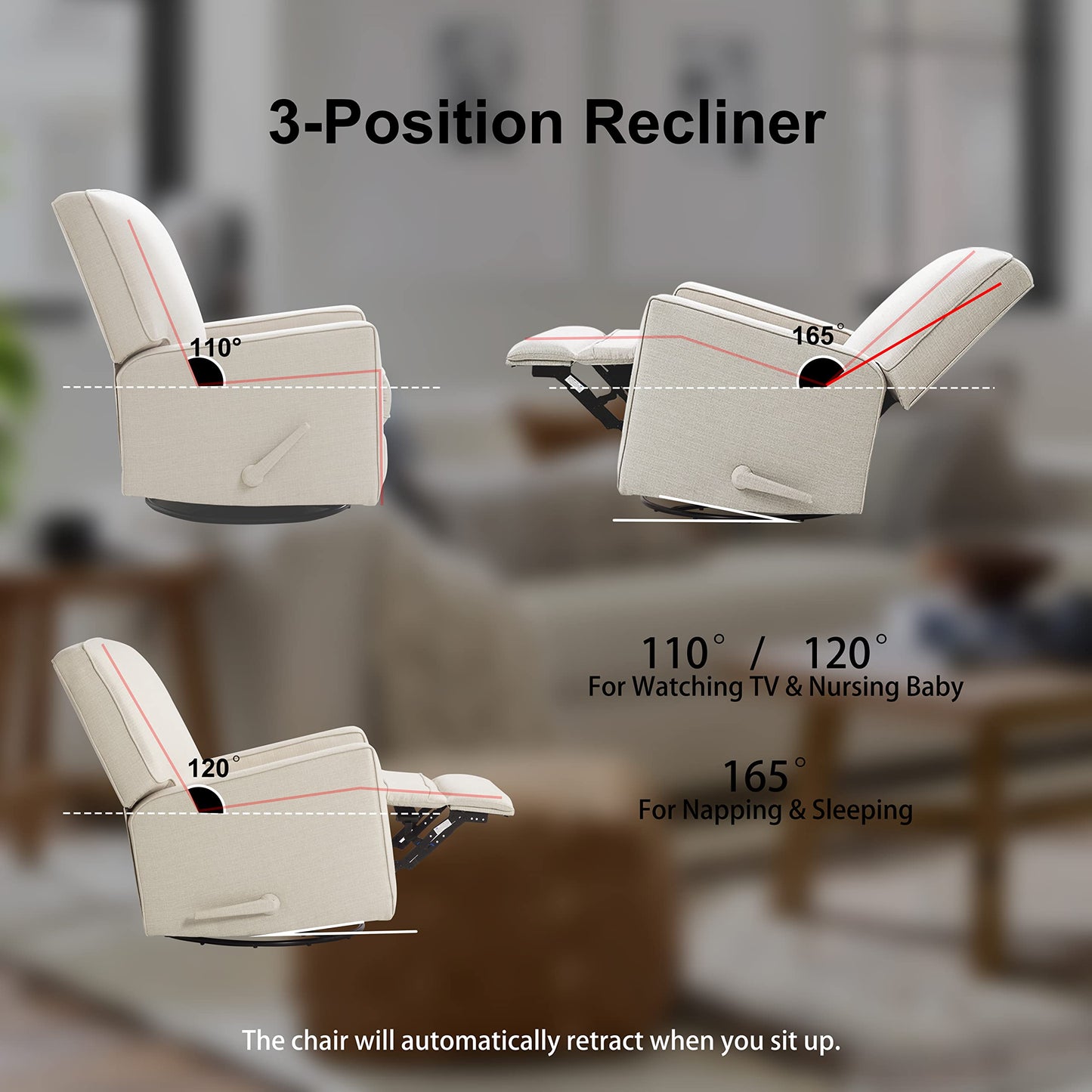 Harkawon Swivel Rocker Recliner Chair, Glider Rocker Recliner, Rocking Chair Nursery, Fabric Chair with High Back, Deep Seat, for Living Room, Bedroom, Beige
