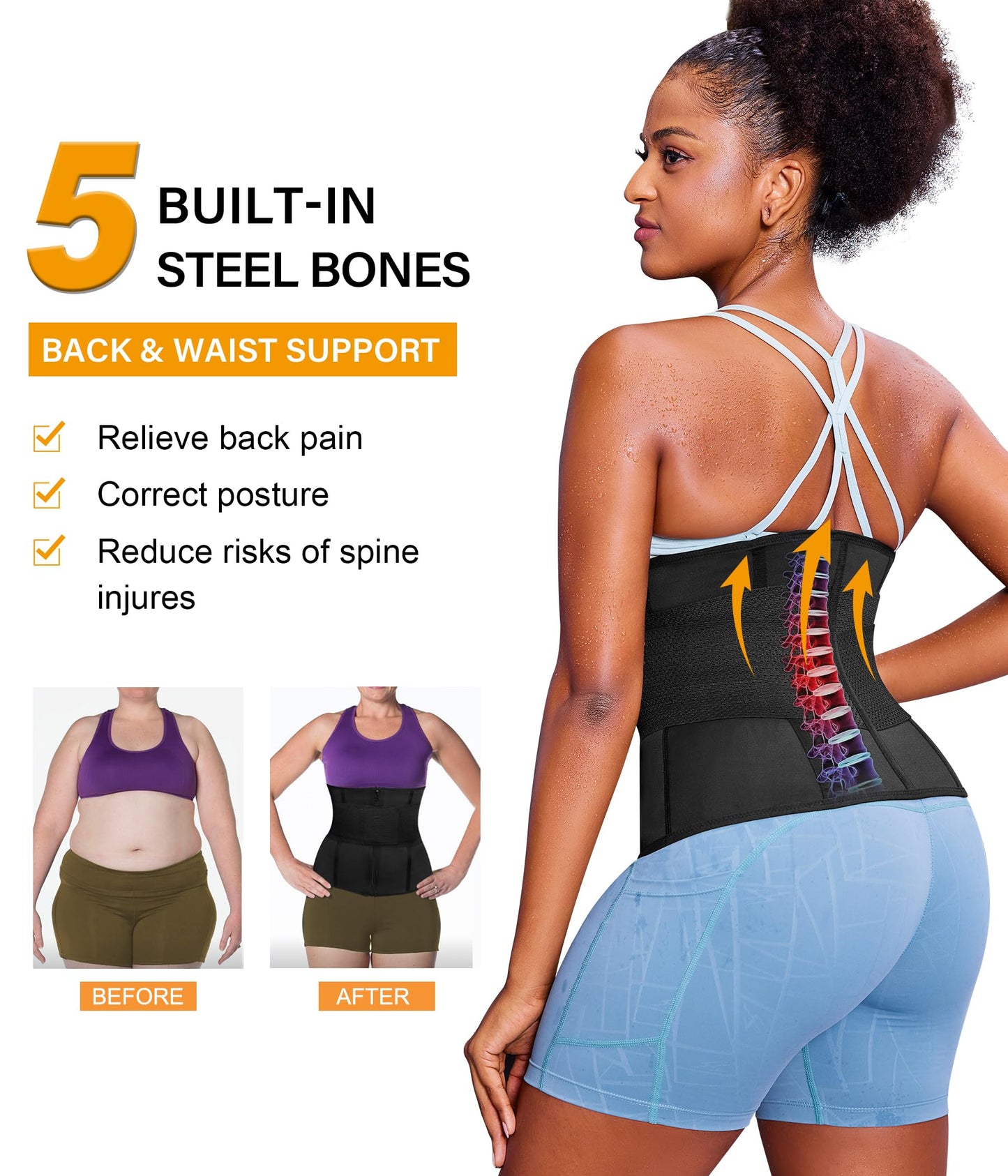 SCARBORO Waist Trainer for Women Belly Fat Sauna Sweat Waist Trimmer Corset for Stomach Wrap Workout Belt Shaper Band Zipper (Black-blue inner, Small)