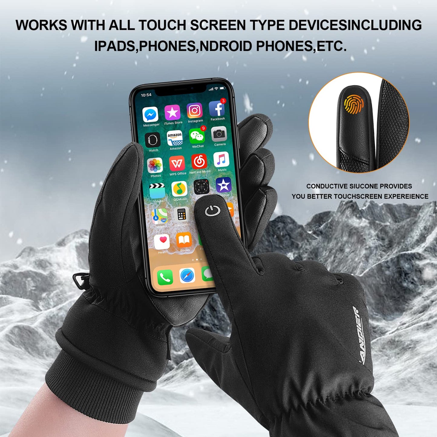 anqier Winter Gloves -30℉ Touchscreen Thermal Gloves Waterproof Windproof Gloves Ski Gloves for Men Women Running Cycling Black Large