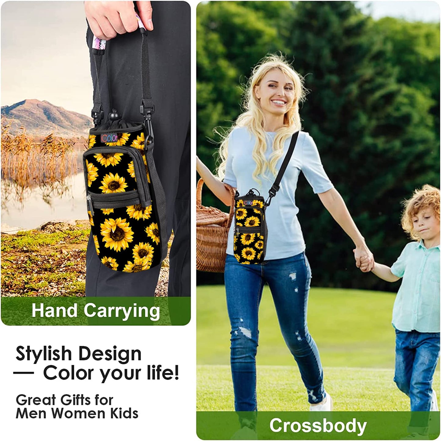 icolor Water Bottle Carrier Bag Holder 25/32/40/64oz,Adjustable Padded Shoulder & Handle Strap Sports Sling Hiking Pack,Insulated Neoprene Wide Mouth Bottle Sleeve