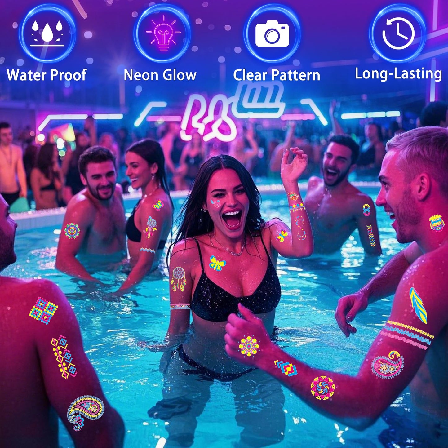 Glow in the Dark Tattoos 172 PCS – Glow in the Dark Party Supplies, Neon Body Paint Be UV Blacklight Reactive Face Temporary Tattoos for Adults, Teens | Neon Accessories, Party Favors & Decorations