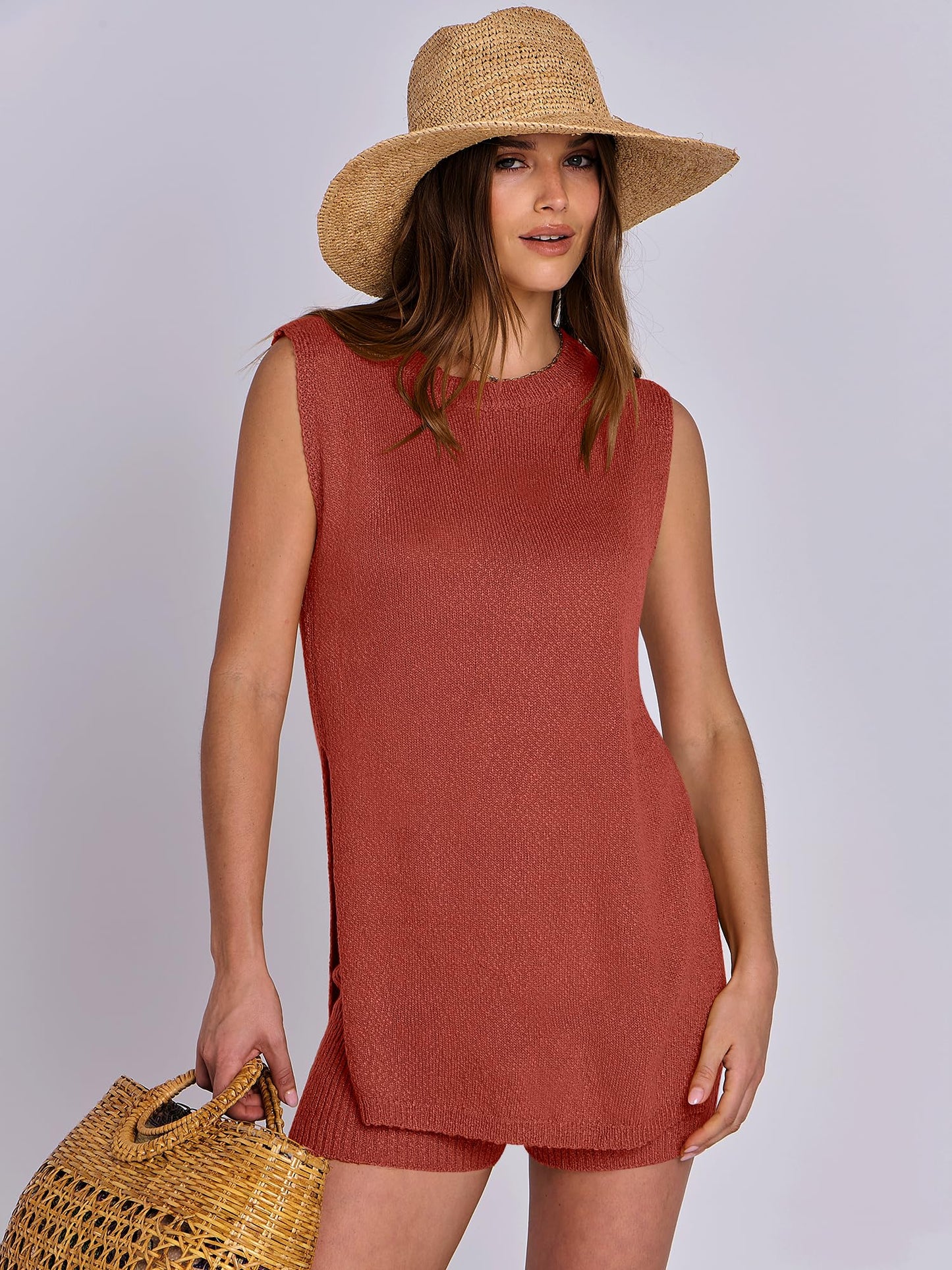 ANRABESS Women Summer 2 Piece Outfits Sleeveless Knit Sweater Top & Shorts Soft Lounge Sets Travel Beach 2024 Clothes Rust Large