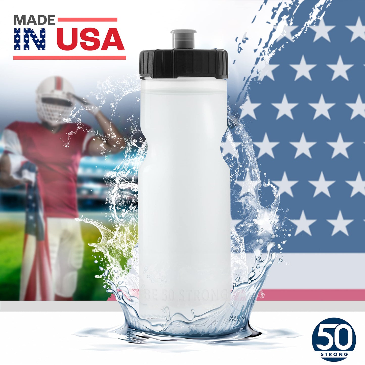 50 Strong Sports Squeeze Water Bottle 2 Pack – 22 oz. BPA Free Easy Open Push/Pull Cap – USA Made (Clear)