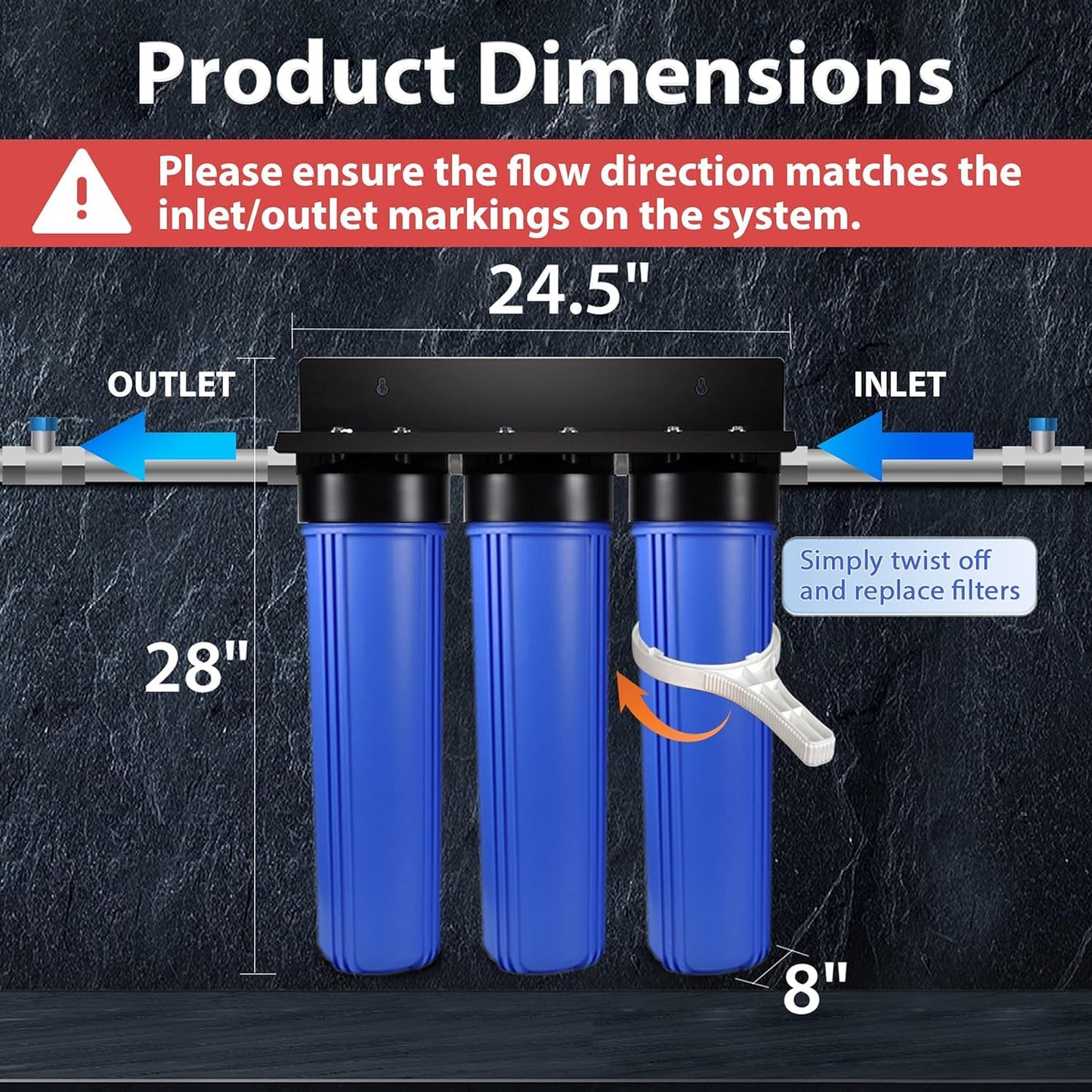 iSpring WGB32BM 3-Stage Whole House Water Filtration System (w/ 20” x 4.5” Sediment, Carbon, and Iron & Manganese Reducing Filters) w/ 3/4'' Push-Fit Braided Stainless Steel Hose Connectors