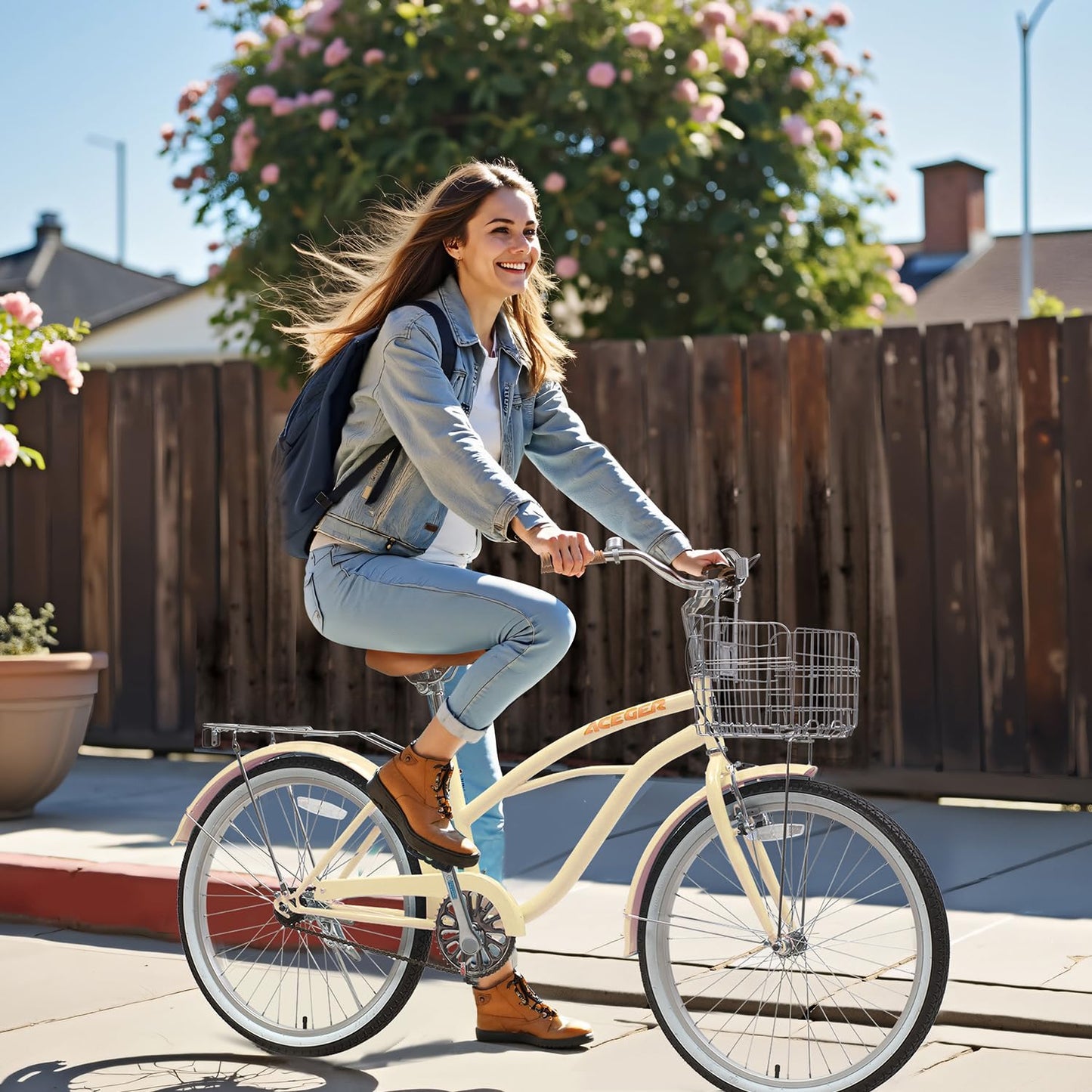 ACEGER 24 26 Inch Women Beach Cruiser Bike, Single Speed and 7 Speed, Adult Hybrid Bike Commuter Bicycle, Hi-Ten Steel Frame with Adjustable Handlebar and Saddle, Multiple Colors