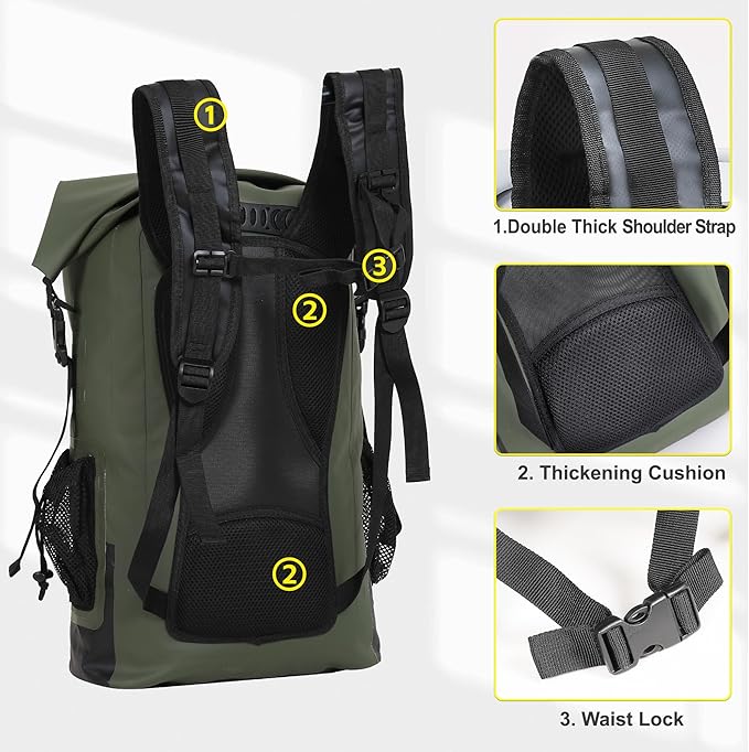 UPWELL Waterproof Dry Bag 30L Boating Backpack for Travel Hiking Camping Bags for Kayaking Hiking Waterproof Bags Swimming Floating Submersible Dry Bag Green