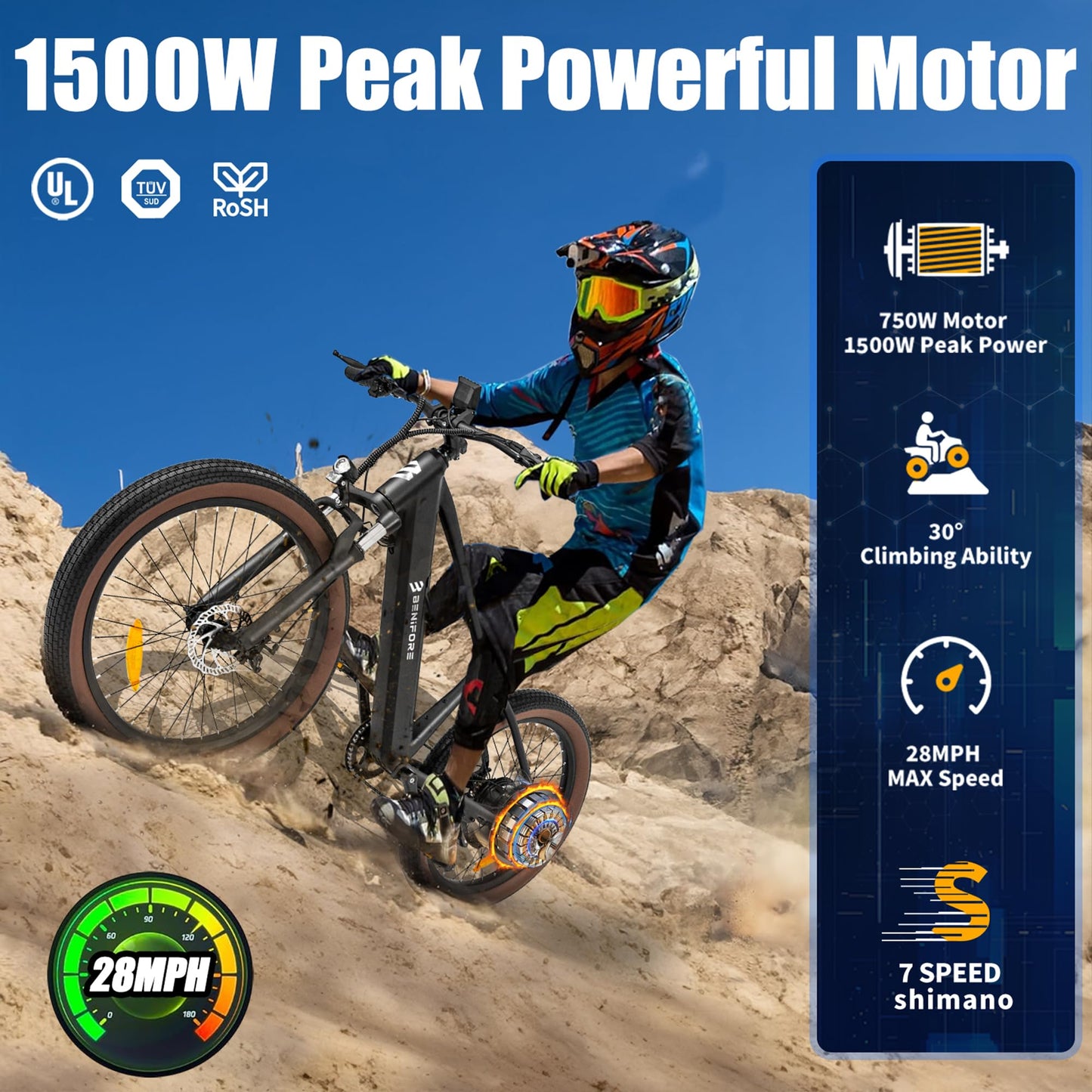 Electric Bike for Adult 1400W Peak, 48V 720WH Removable Battery, 72 Miles 28 MPH, 26" Fat Tire Electric Mountain Bike with Hydraulic Suspension, 7-Speed ,UL Certified Commute Mountain Ebikes for Men