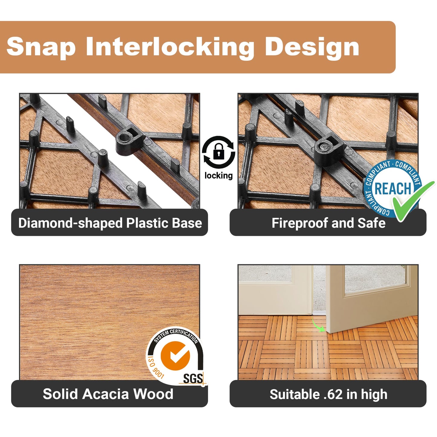 PrimeZone 297 PCS FSC Certified Acacia Wood Interlocking Deck Tiles - 12" x 12" Waterproof Indoor Outdoor Patio Flooring Decking Tiles for Balcony, Backyard & Poolside, All Weather Use, Natural Wood