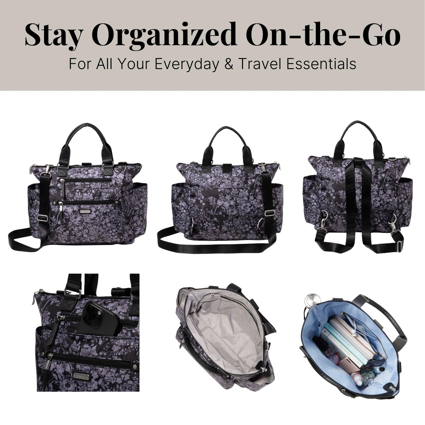 Baggallini Womens 3-in-1 Convertible Backpack, Black Hydrangea, One Size US