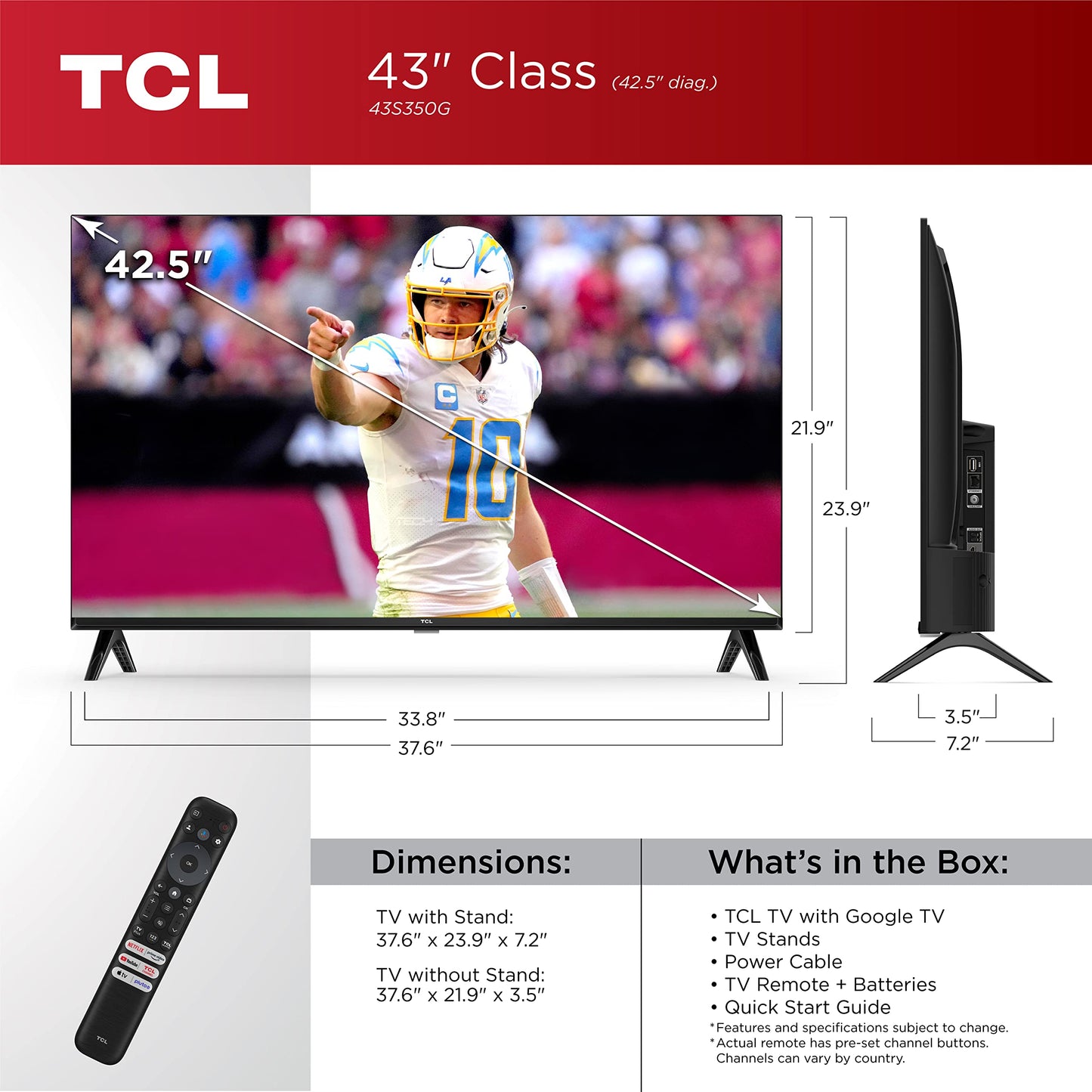 TCL 43-Inch Class S3 1080p LED Smart TV with Google TV (43S350G, 2023 Model), Google Assistant Built-in with Voice Remote, Compatible with Alexa, Streaming FHD Television,Black