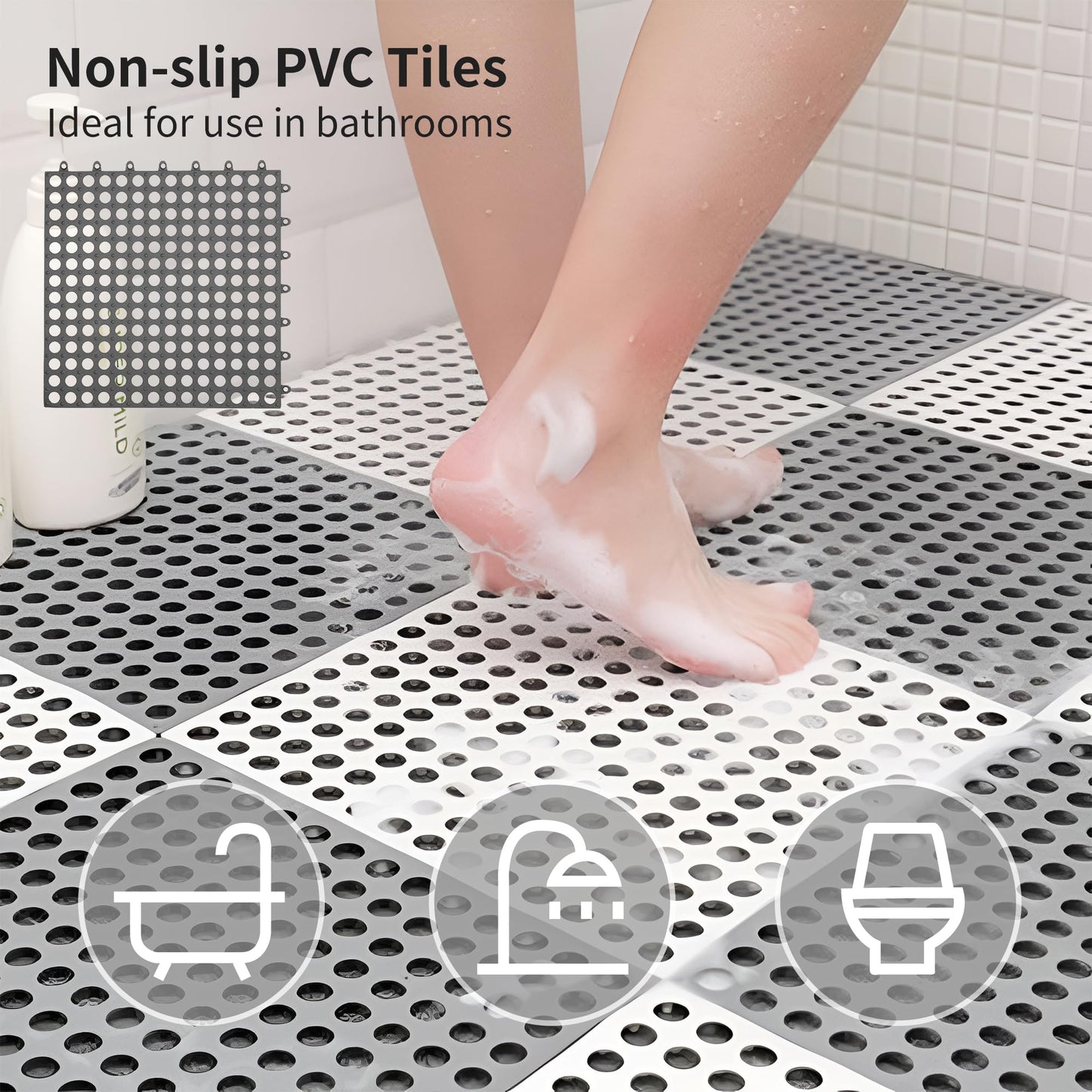 12 Pack 12" x 12" Interlocking Floor Tiles with Drain Holes Soft PVC Non Slip Shower Floor Mat Modular Interlocking Cushion Mat for Drain, Deck, Pool, Flower Garden,Patio, Poultry, Floor Grid,Grey