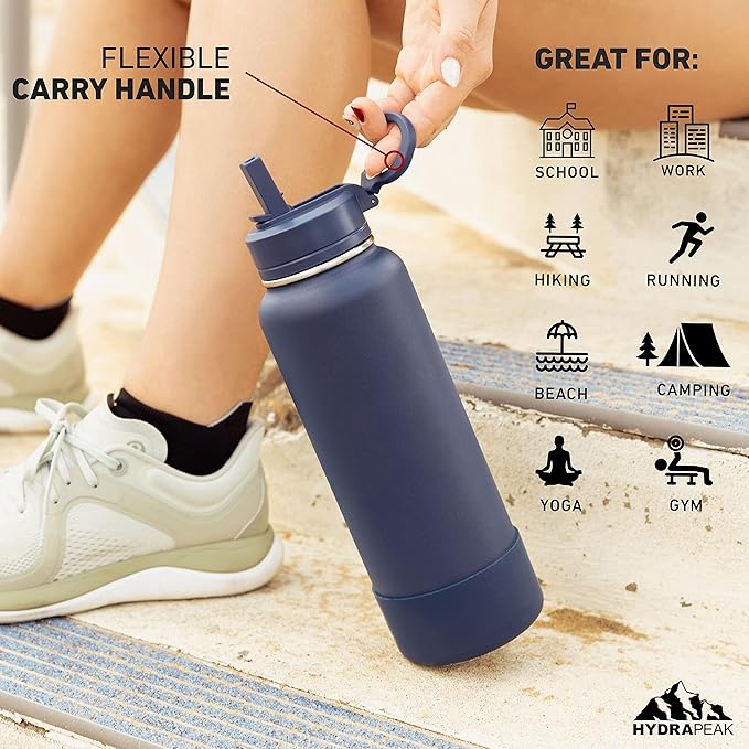 Hydrapeak 32oz Sport Insulated Water Bottle with Straw or Chug Lid, Leak & Spill Proof, Keeps Drinks Cold for 24 Hours, Hot for 12 Hours, Premium Stainless Steel Water Bottles (32oz, Grey)