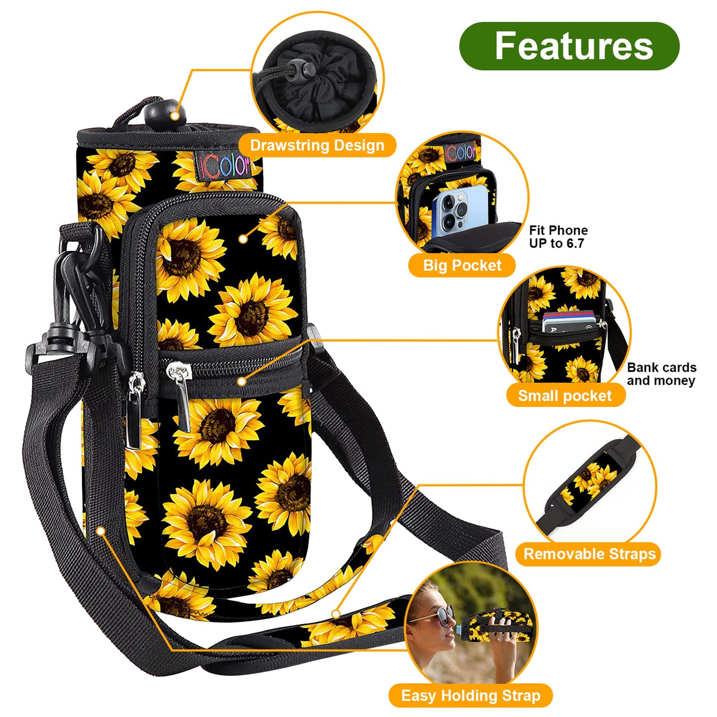 icolor Water Bottle Carrier Bag Holder 25/32/40/64oz,Adjustable Padded Shoulder & Handle Strap Sports Sling Hiking Pack,Insulated Neoprene Wide Mouth Bottle Sleeve