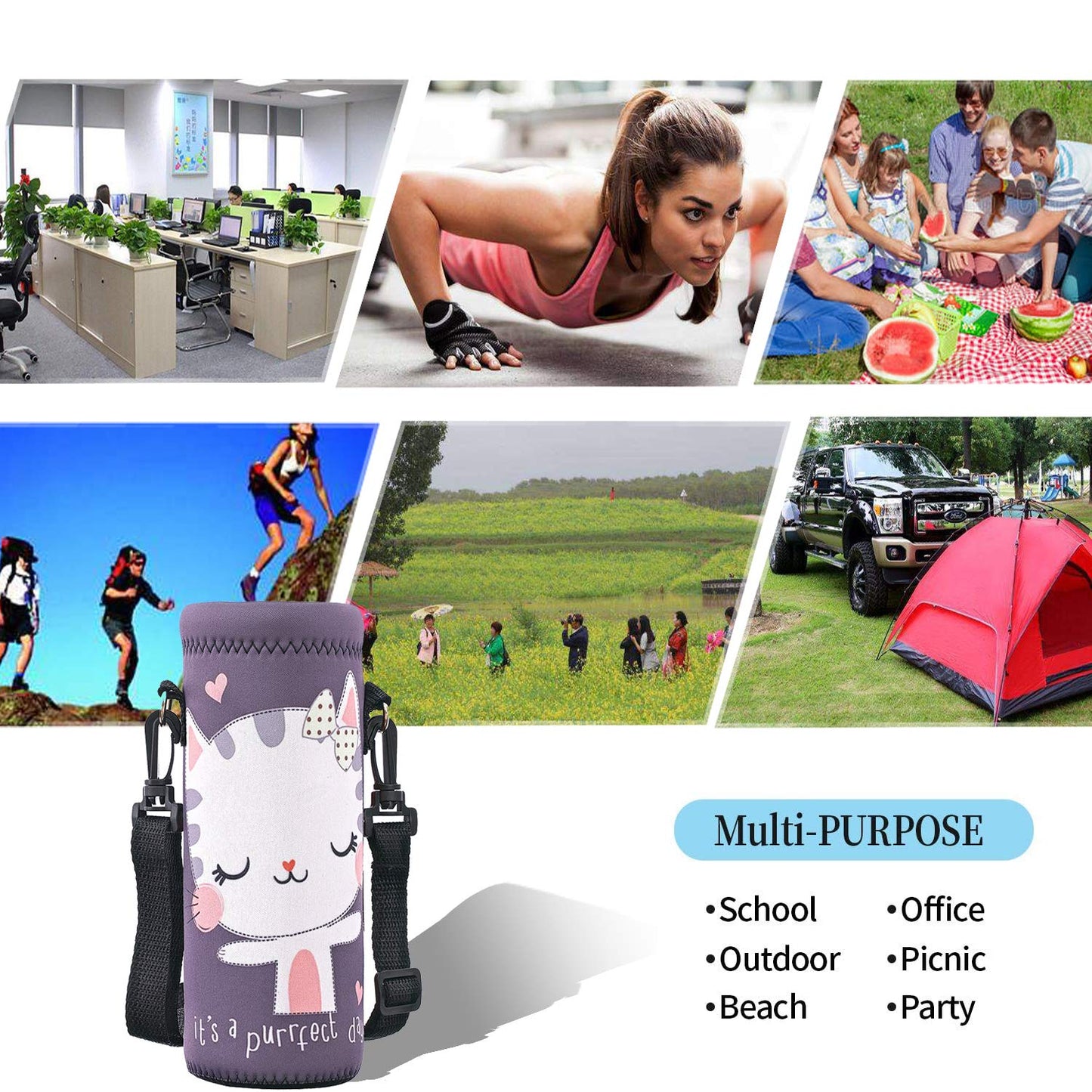 RICHEN Neoprene Water Bottle Carrier Bag with Adjustable Shoulder Strap,Insulated Water Bottle Cover for 500ml/16oz Stainless Steel/Glass/Plastic Bottles (Cute Cat,500ML)