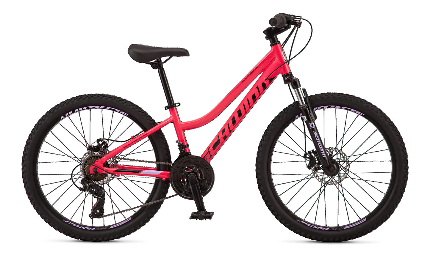 Schwinn High Timber ALX Mountain Bike for Youth Boys Girls, 24-Inch Wheels, 21-Speeds, Front Suspension, Aluminum Frame, Mechanical Disc Brakes, Coral