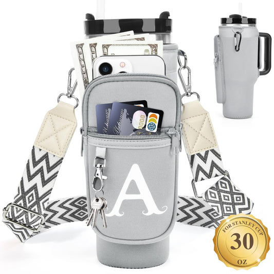 LOKASS Initial Water Bottle Holder with Upgrade Canvas Strap for Stanley 30 oz Tumbler, Gift for Mom Mother's Day Day gifts with Phone Pocket, Personalized Accessories for Stanley Cup, Grey - A