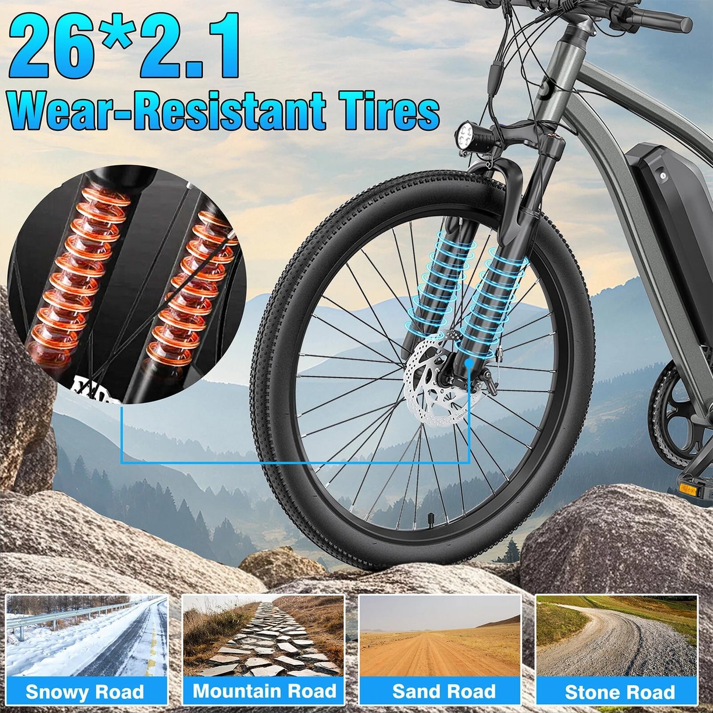 Electric Bike for Adults，Peak 520W Motor Electric Mountain Bike，26" Electric Bike 40Miles 20MPH, 36V Removable Battery with 7-Speed, LCD Display, Dual Disc Brakes & Front Fork Suspension (Grey)
