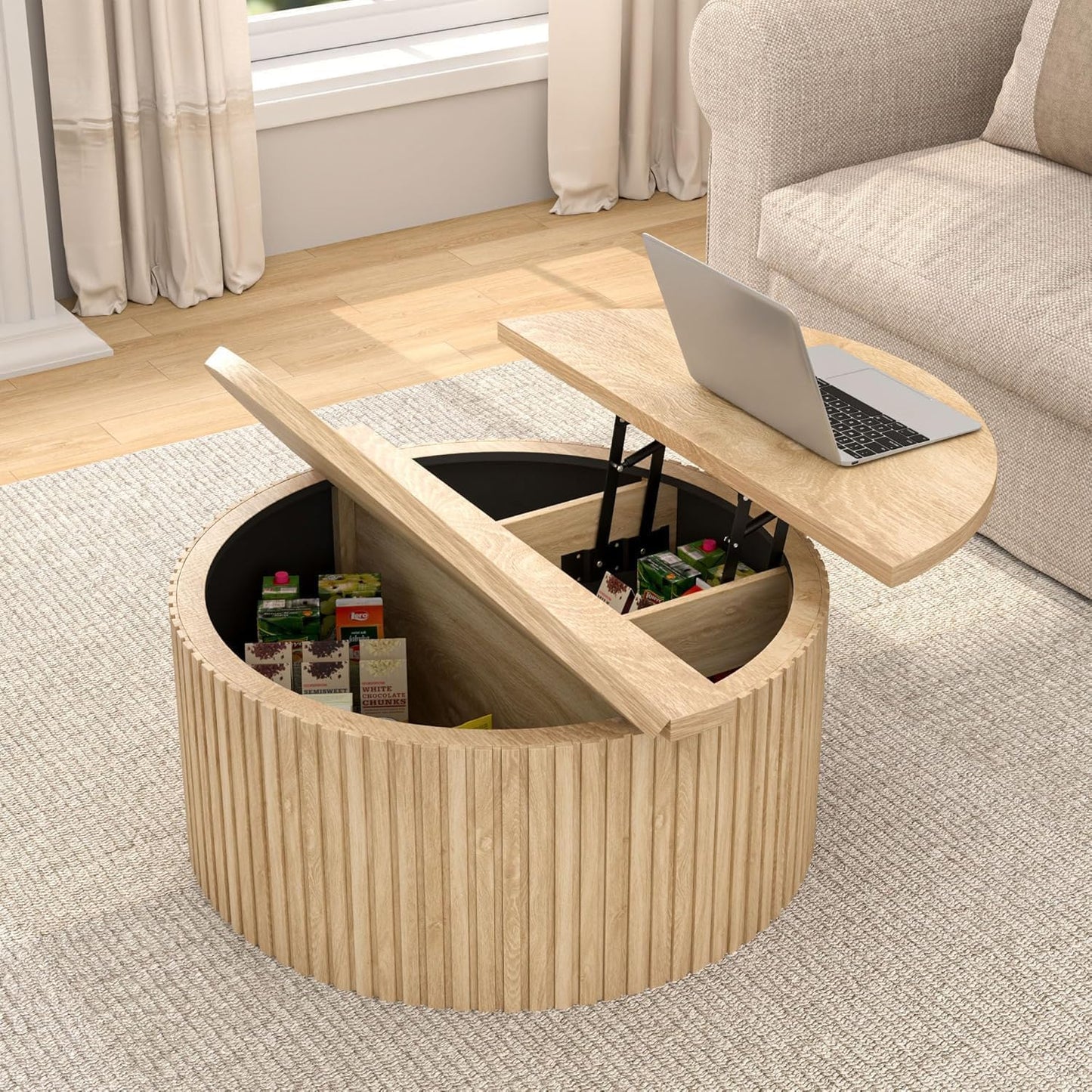 Fsbecl Round Fluted Lift Top Coffee Table with Storage, 34.6'' Farmhouse Round Coffee Tables for Living Room, Circle Wood Accent Center Table for Home, Office, Cafe (Wood Color)