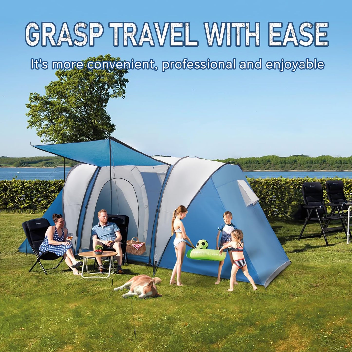 Thinlute 2-4 Person Family Camping Tent with Porch, Weatherproof Camping Shelter with Rainfly, 2 Room Easy Set Up Family Tent with Living Area for Outdoor, Backyard, Hiking