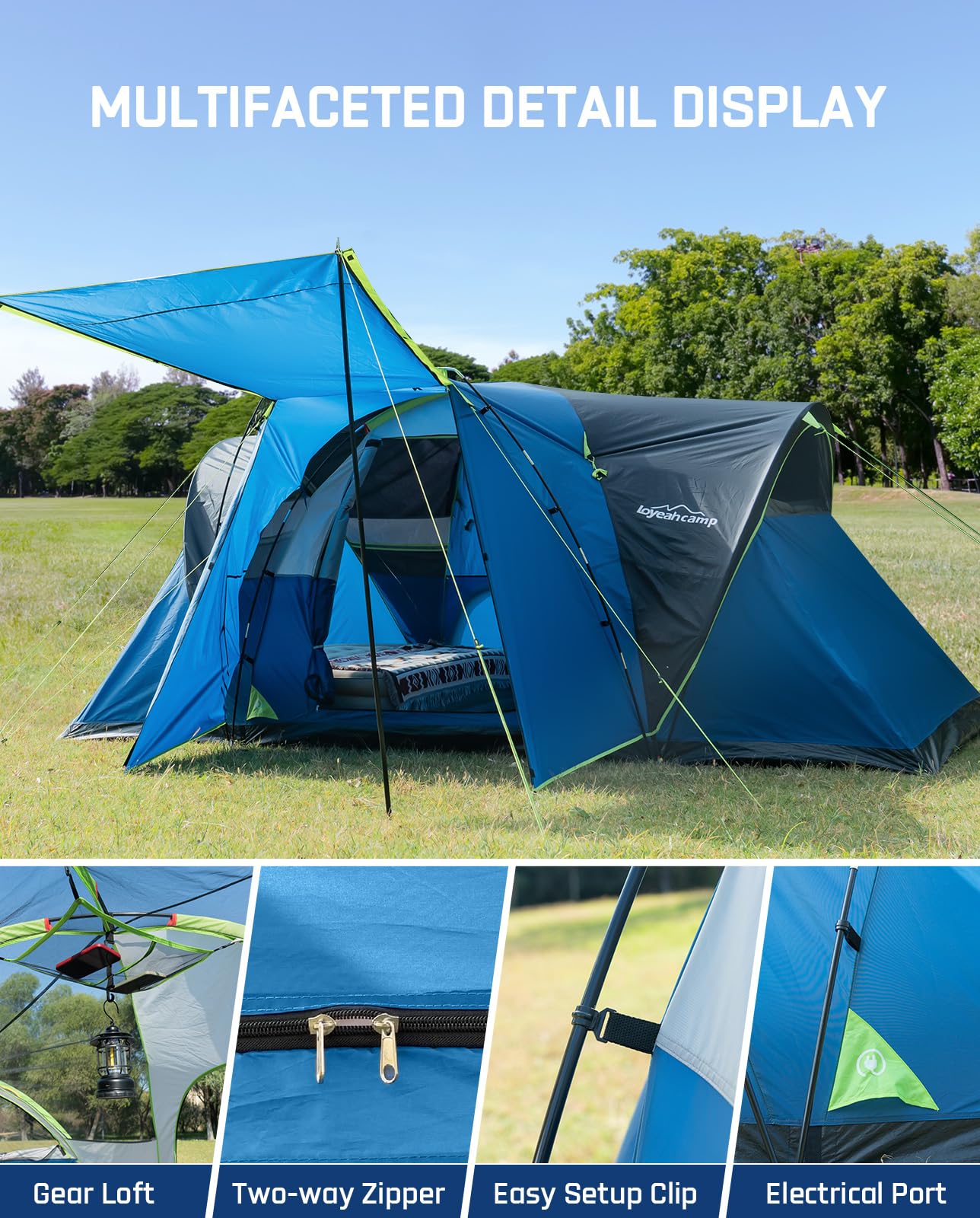 LOYEAHCAMP 8 Person Larger Extended Dome Camping Tent with 3 Rooms, Waterproof Semi-Freestanding Family Outdoor Tent with Spacious Interior and Mesh Windows