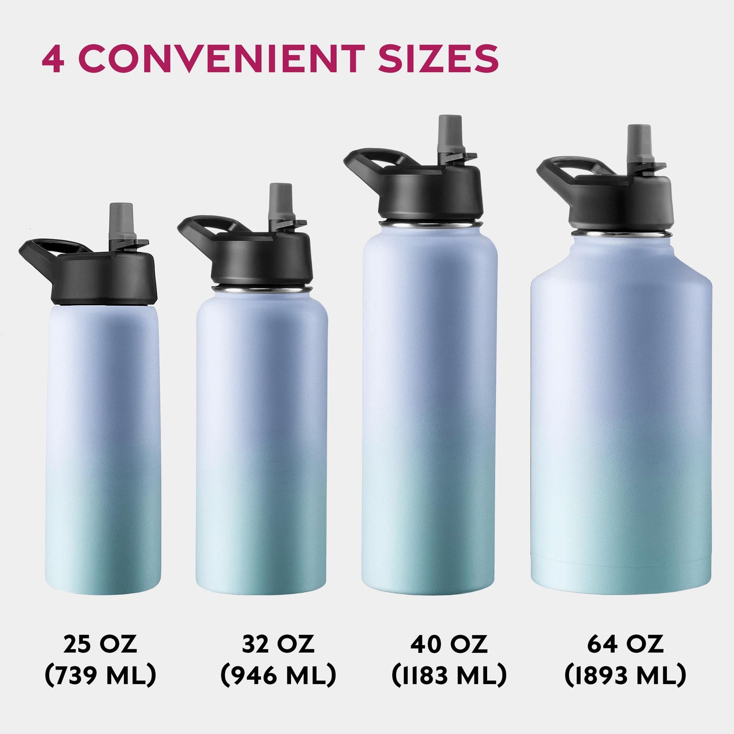 FineDine Triple Walled, Insulated Water Bottles with Straw - 25 Oz Stainless Steel Metal Bottle W/ 3 Leak Proof Lids - For Travel, School, Sports, Gym/Men, Women & Kids - Powder Steel Blue