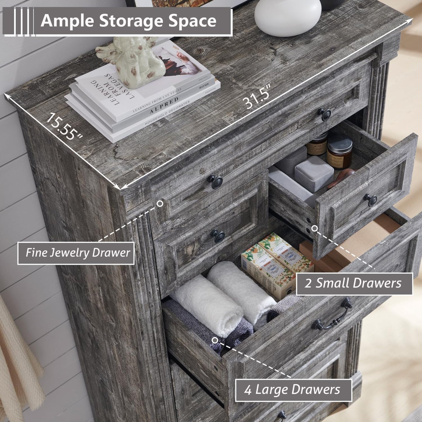 Aitjunz Farmhouse 7 Drawers Dresser for Bedroom, 57" Tall Large Dressers & Chests of Drawers w/Roman Column, Storage Dressers Organizer for Bedroom, Hallway, Living Room, Light Grey