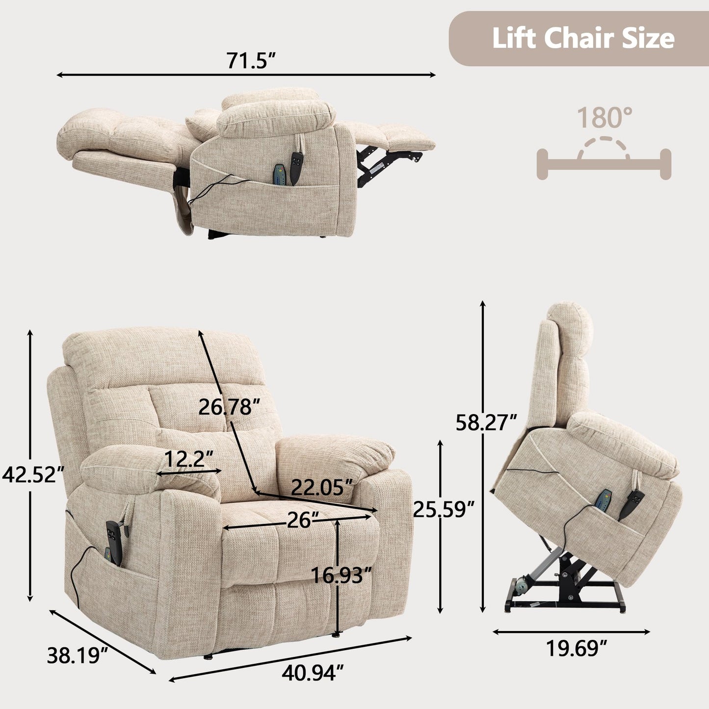 FUNECORP Power Lift Chair Lay Flat Recliner Infinite Position Electric Dual Motor Stand Up Lift Chair with Massage and Heat for Adults,Heavy Duty Recliners with 2 Remote Controls and Two Cup Holders