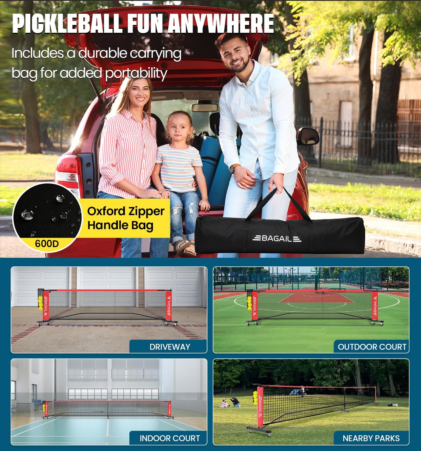 BAGAIL Portable Pickleball Net Set with Wheels, 22 FT Regulation Size & 11 FT Half Court Size 2-in-1 Pickle Ball Net with Ball Collector, Carry Bag, Easy Setup for Outdoor Indoor Driveway - Red