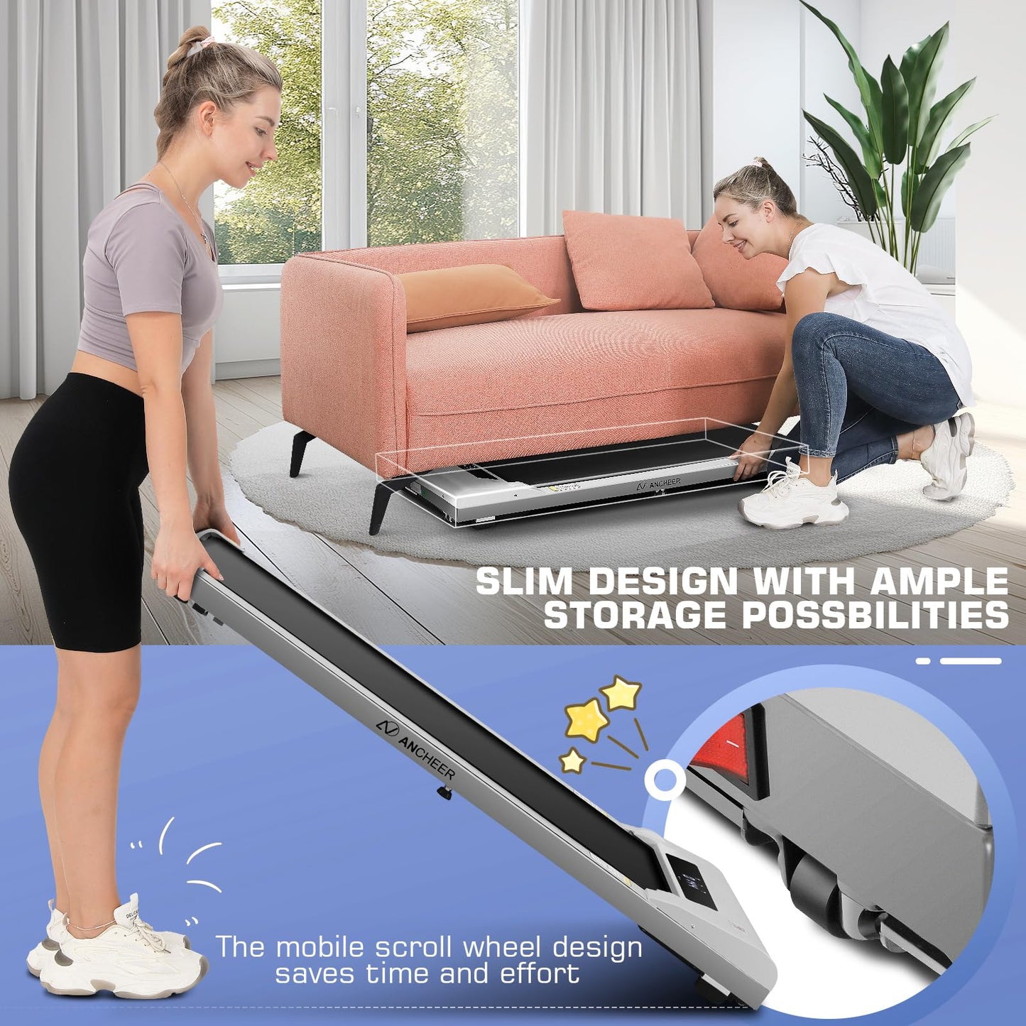 ANCHEER Under Desk Treadmill, 300lb Capacity, 2.5HP Portable 2 in 1 Walking Pad Treadmill with Remote, Compact Treadmills for Home Office Gym Desk Walking Running Machine with LED Display