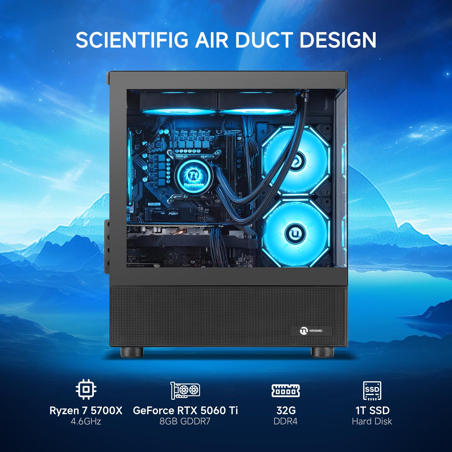 NINGMEI Supreme Master Gaming PC Desktop,AMD Ryzen 7 5700X 8 core 3.8GHz(up to 4.6GHz),GeForce RTX 5060 TI 8GB,32GB DDR4 RAM 3200MHz,1TB NVME SSD,650W PSU, Windows 11 Home 64-bit,Black