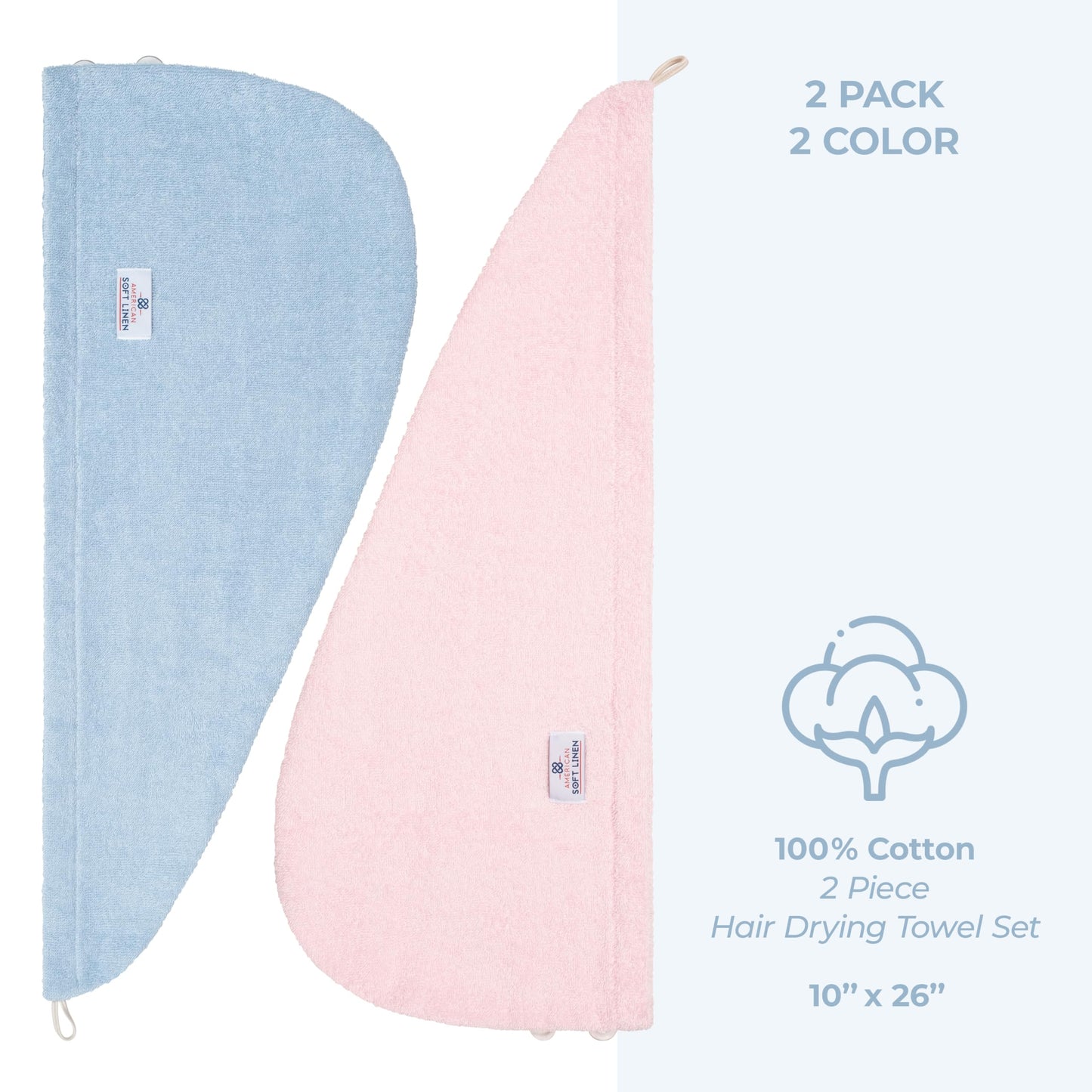 American Soft Linen 100% Cotton Hair Towels for Women, Head Towel Cap, Cotton Hair Turban Towel Wrap for Long Curly Anti Frizz Hair, Soft and Absorbent Cotton Hair Towels 2 Pack, Sky Blue-Pink
