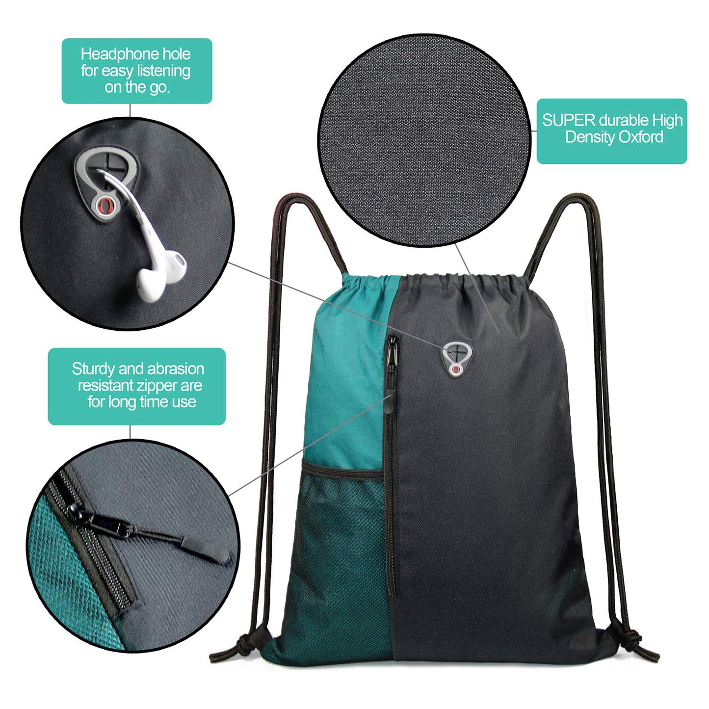 Drawstring Backpack Sports Gym Bag for Women Men Large Lightweight Backpack with Zipper and Water Bottle Mesh Pockets (Black/Teal)