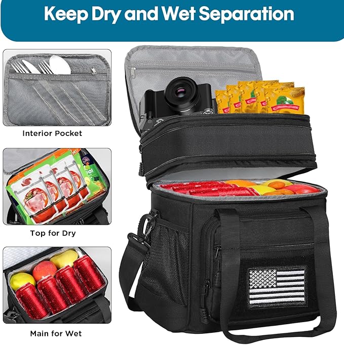 GLENKEY Double Deck Insulated Lunch Box, Expandable Large Lunch Bag Leakproof Cooler Bag Lunch Pail for Men Women Adults Work Shifts Travel Daytrip, 16L, Black