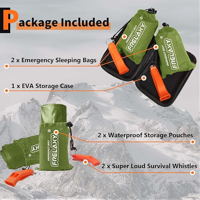 Frelaxy Emergency Sleeping Bag 1-Pack/2-Pack, Extra-Thick Compact Survival Bivy with Whistle, Storage Pouch, and EVA case, Perfect for Survival Kits
