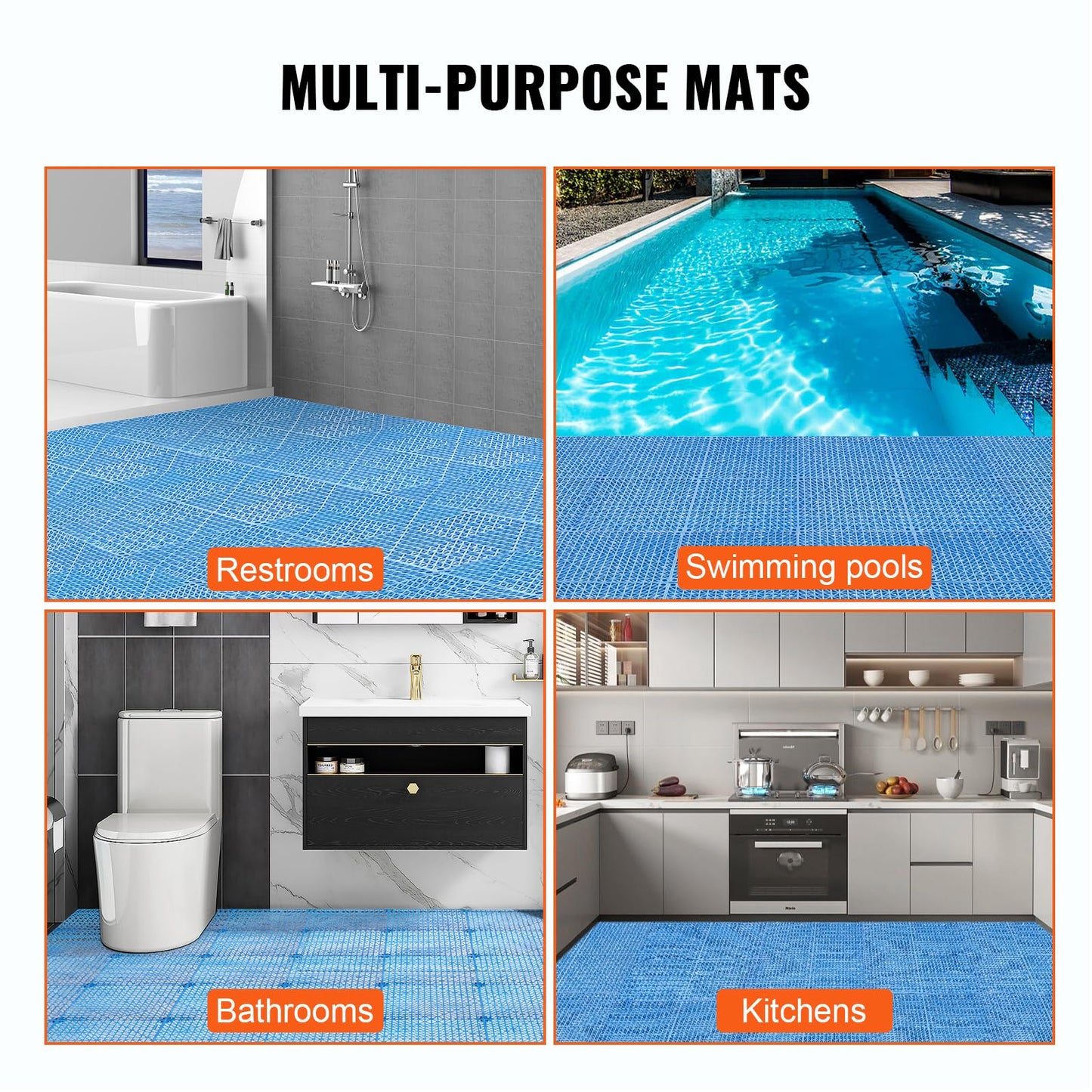 VEVOR Interlocking Tile 50PCS Blue, Drainage Tiles 12" x 12" Splicing, Soft PVC Interlocking Drainage Floor Tiles, Non-Slip Drainage Holes for Restroom, Bathroom, Kitchen, Pool, Wet Areas