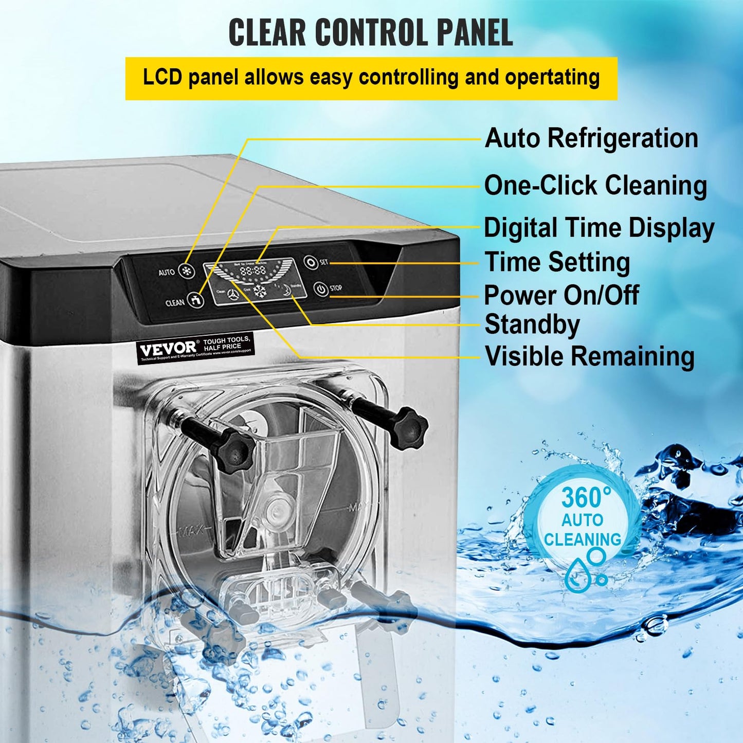 VEVOR Commercial Ice Cream Machine 1400W 20/5.3 Gph Hard Serve Ice Cream Maker with LED Display Screen Auto Shut-Off Timer One Flavors Perfect for Restaurants Snack bar Supermarkets