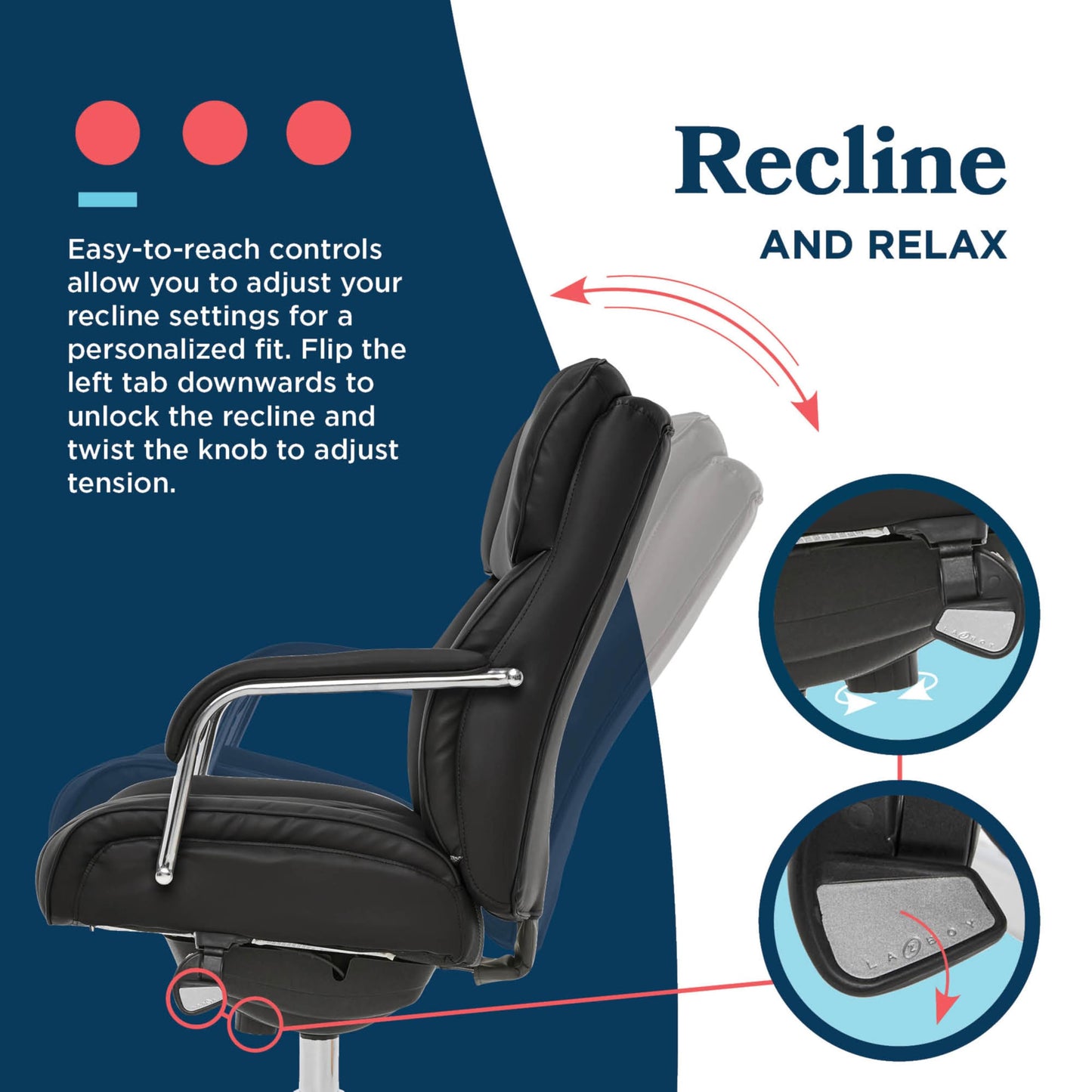 La-Z-Boy Sutherland Quilted Leather Executive Office Chair with Padded Arms, High Back Ergonomic Desk Chair with Lumbar Support, Black Bonded Leather