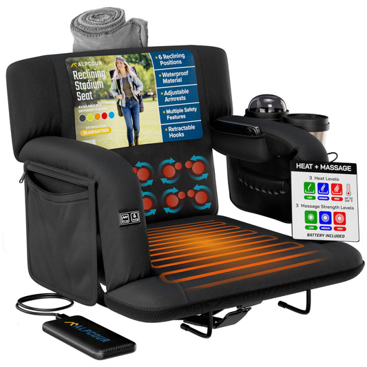 Alpcour Heated Massage Reclining Stadium Seat for Bleachers – Wide Bleacher Chair with Back Support and Cushion, Armrests, Large Pockets, and Multiple Safety Features – Best Stadium Seats Chairs