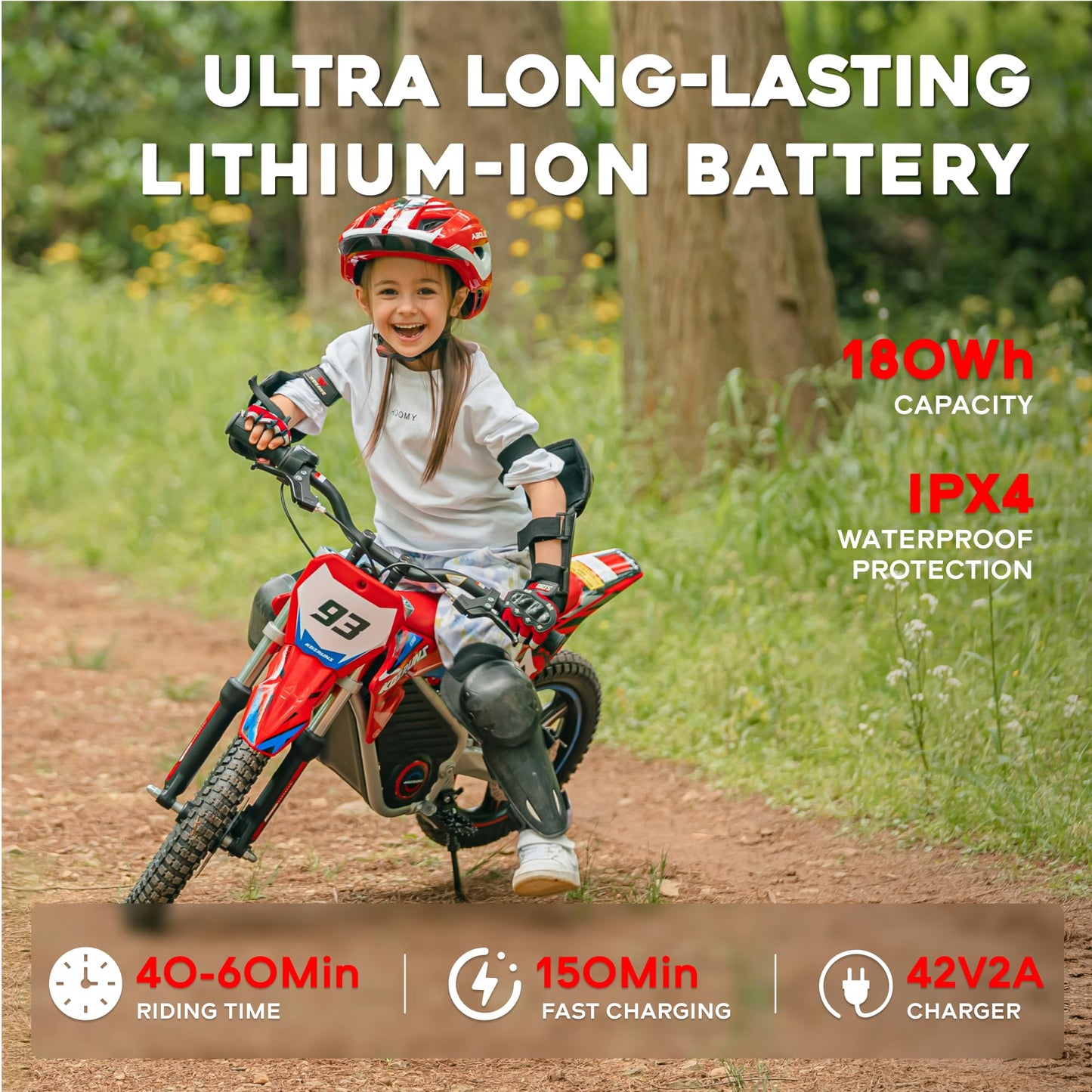 AIII 36V Electric Dirt Bike for Kids 5-10, High Performance 350W Racing Grade Motorcycle, Up to 18.6MPH, 3 Speed Settings, 14-Inch Off-Road Tires, Dual Disc Brakes & Advanced Shock Absorption, Red