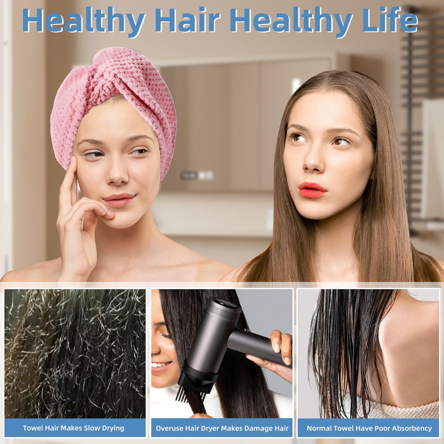 Amrules Hair Towel Wrap, 4 Packs 9.8 x 25.6 Inch Towel Turbans for Wet Hair, Dry Hair Towel, Headbands for Curly and Long Hair - Bathroom Must-Have for Ladies