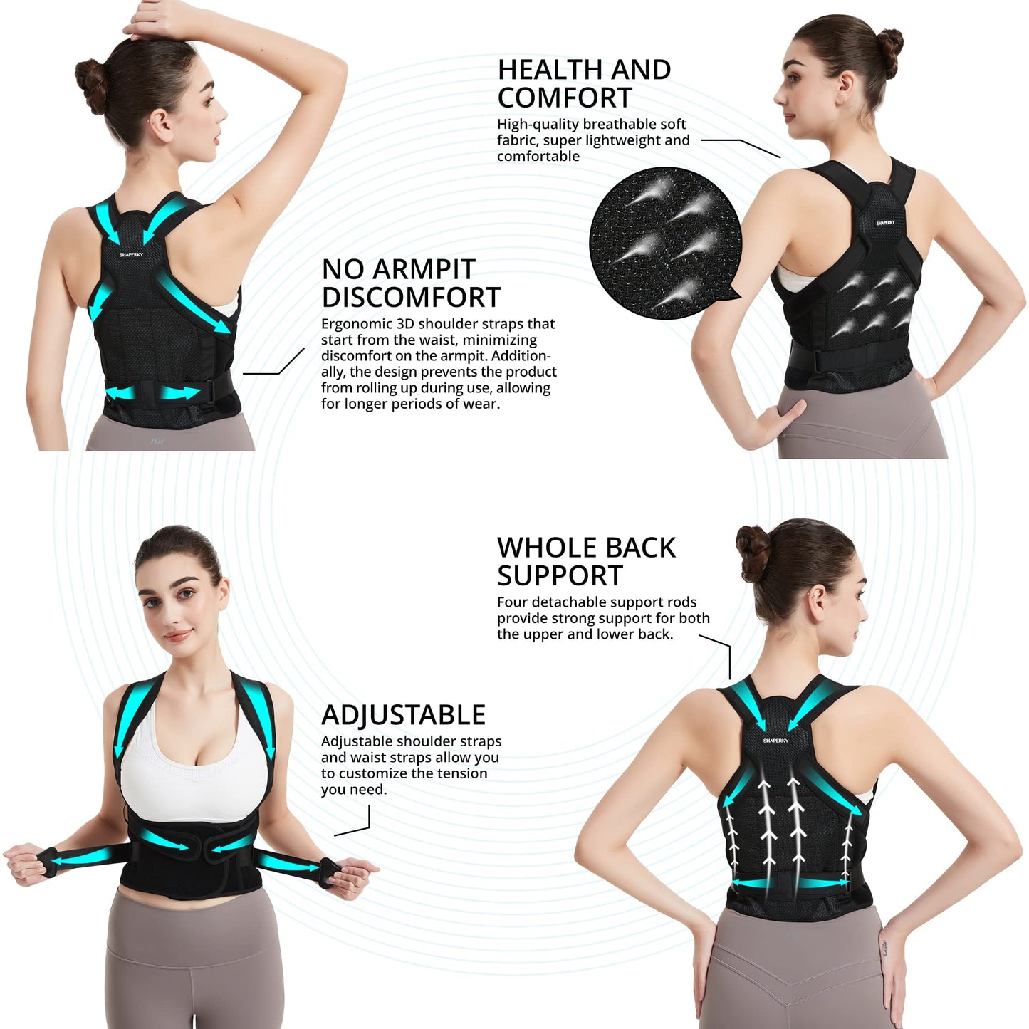 SHAPERKY Posture Corrector for Women for Support: Back Brace for Full Back Support - Adjustable Shoulder Straightener for Women and Men (Black, Medium)