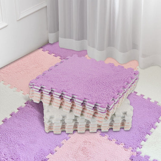 Amylove 72pcs Foam Floor Mat 12x12x0.4in Interlocking EVA Foam Mats with Border Soft Plush Fluffy Floor Tiles Interlocking Rug Climbing Area Carpet Squares for Home Playroom(White, Pink, Purple)